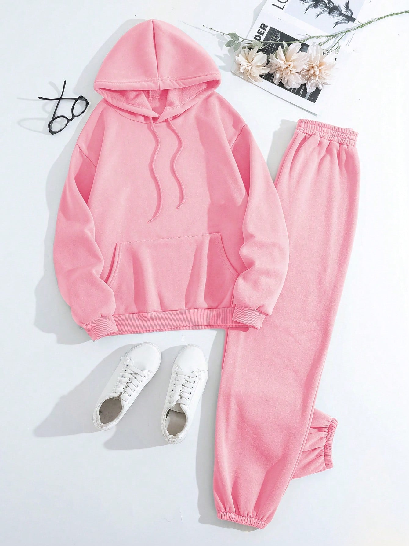 2pcs/Set Solid Color Long Sleeve Hoodie And Sport Pants