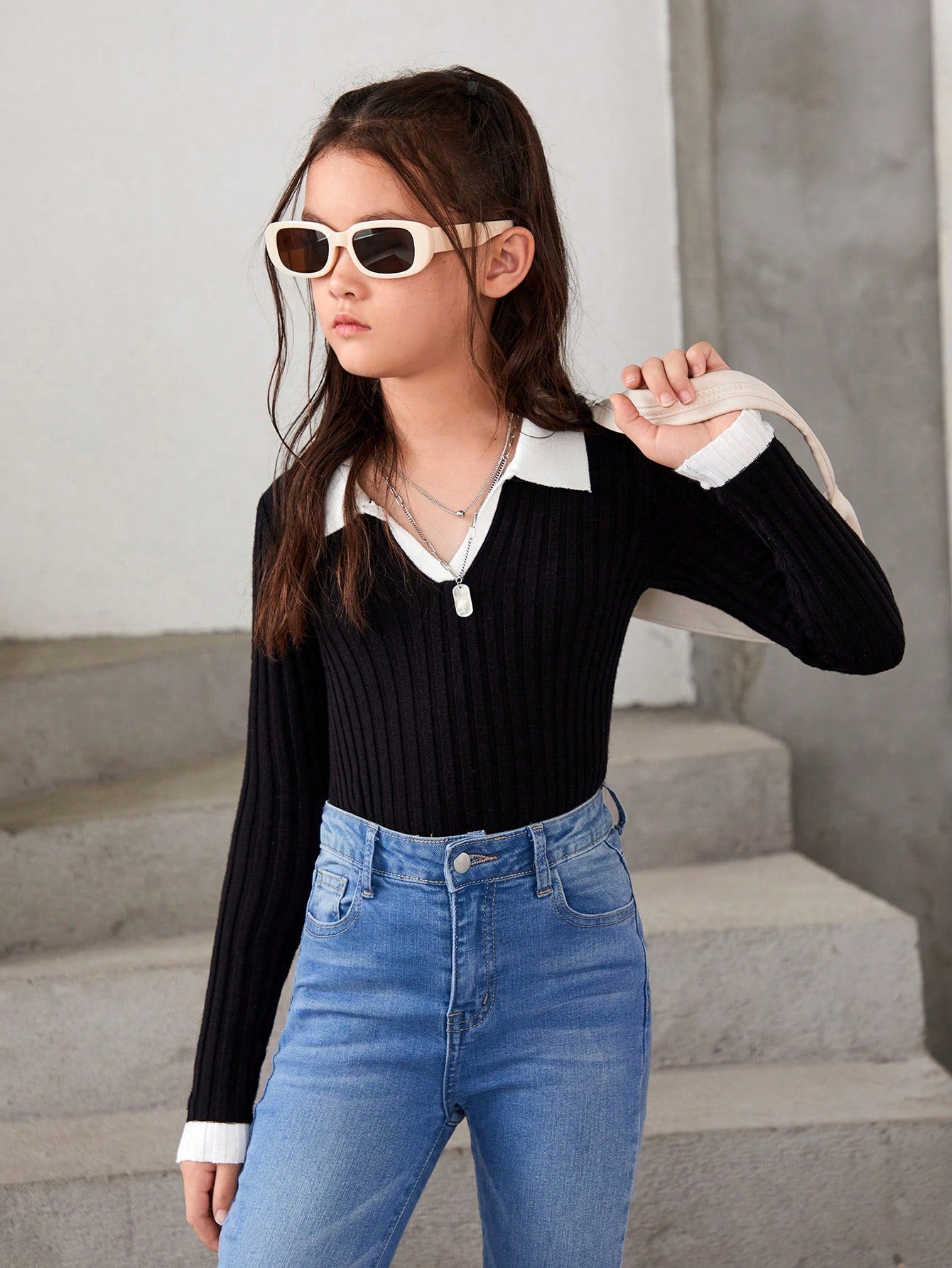 Tween Girl Contrast Trim Polo Neck Ribbed Knit Tee