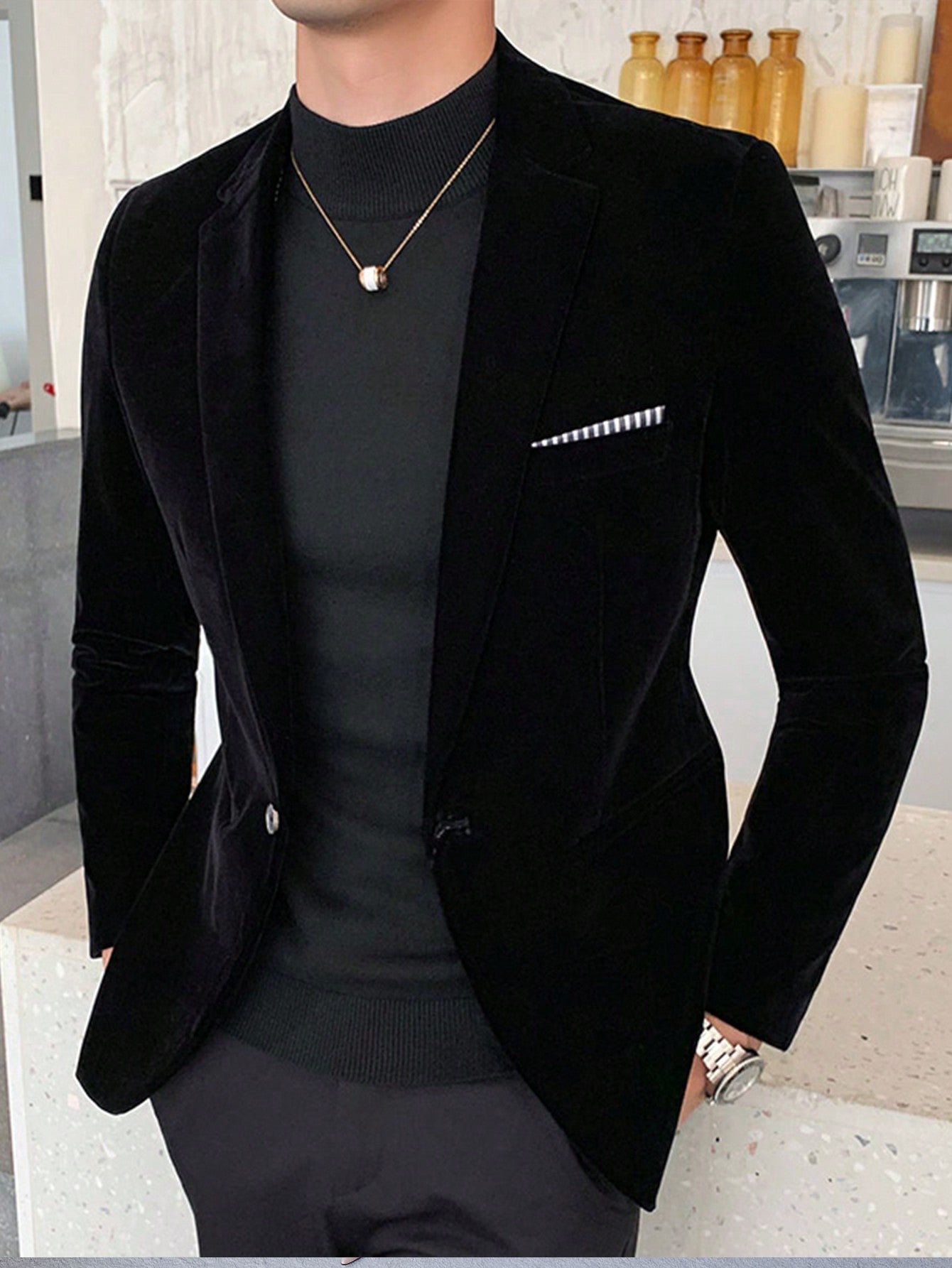 Men Lapel Collar Single Button Velvet Blazer