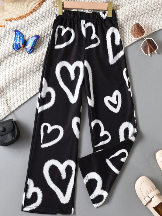 Tween Girl Heart Print Elastic Waist Sweatpants