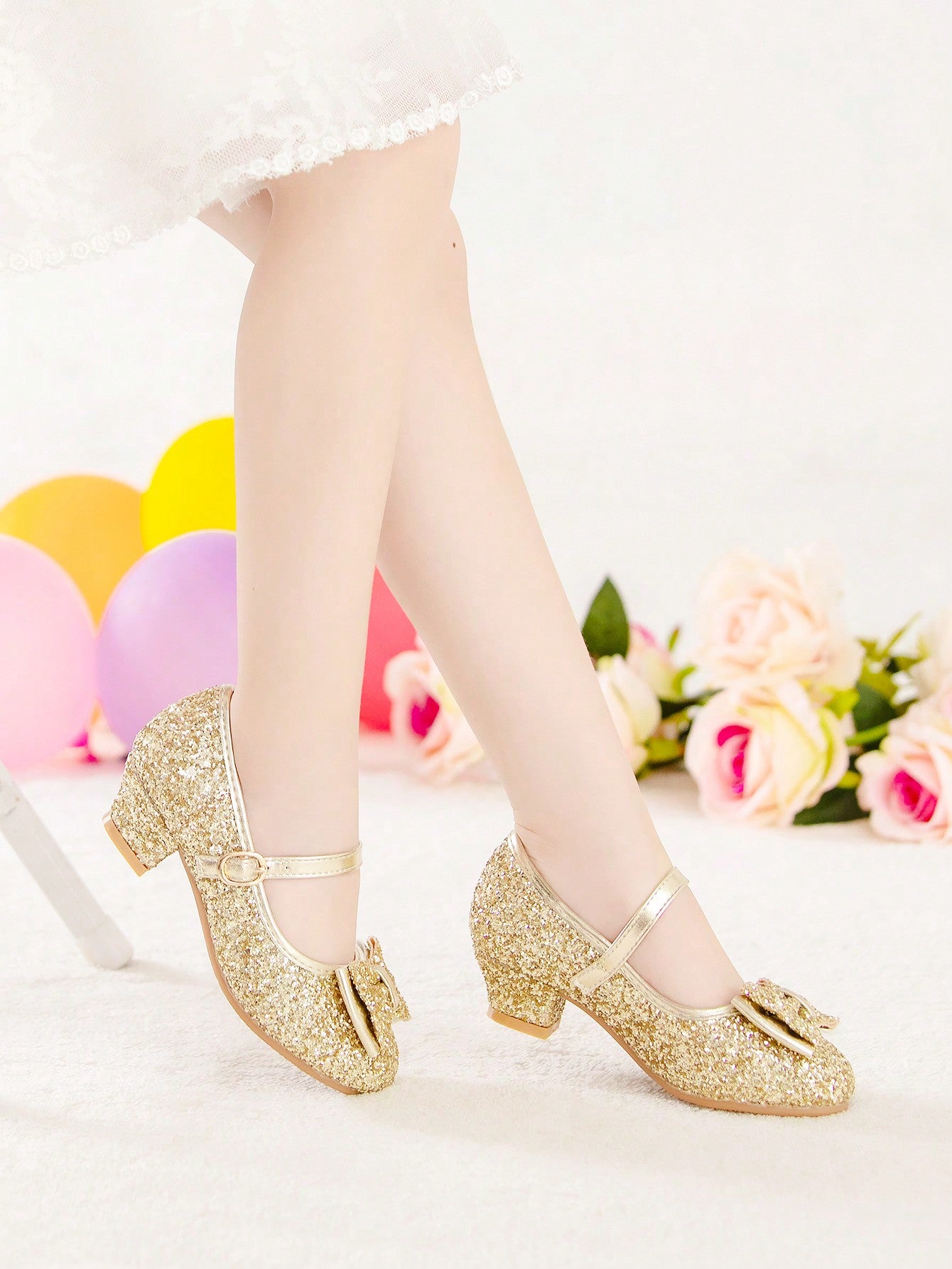 Children's Party Dress Shoes With Champagne Glitter Butterfly Decor, For Fall/Winter