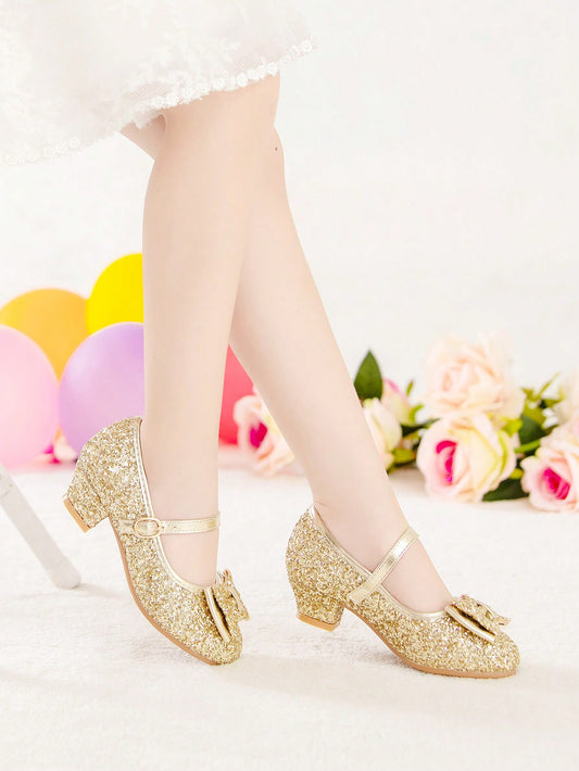 Party Dress Outfit For Autumn And Winter With Gold Glitter Bow Decorated Kids' Heels