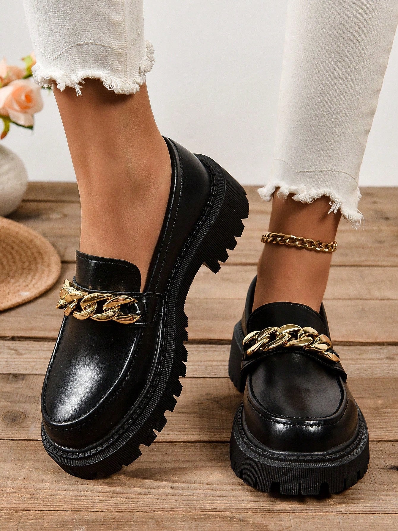 Women Chain Decor Flatform Loafers, Fashion Outdoor Shoes