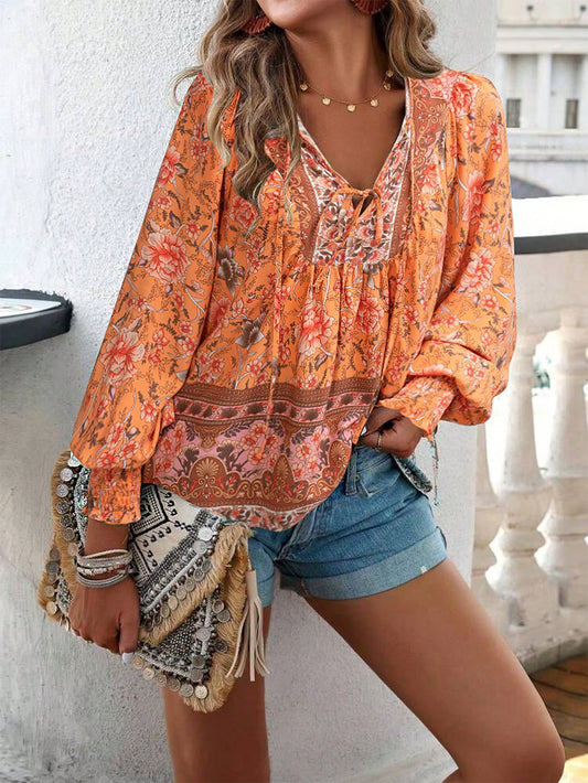 Floral Print Tie Neck Lantern Sleeve Blouse