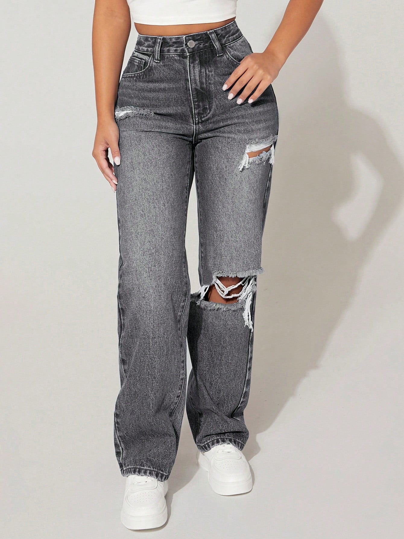 High Waist Cut Out Ripped Frayed Straight Leg Jeans