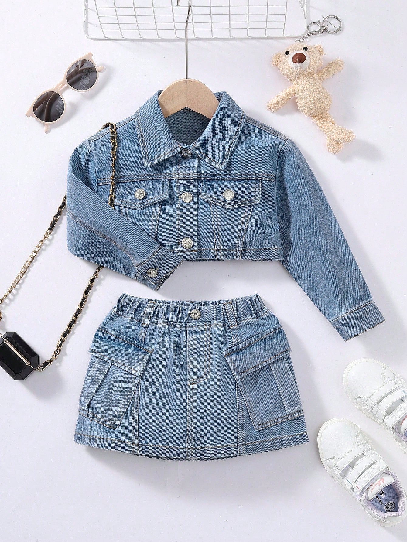 Young Girl Flap Detail Denim Jacket & Skirt