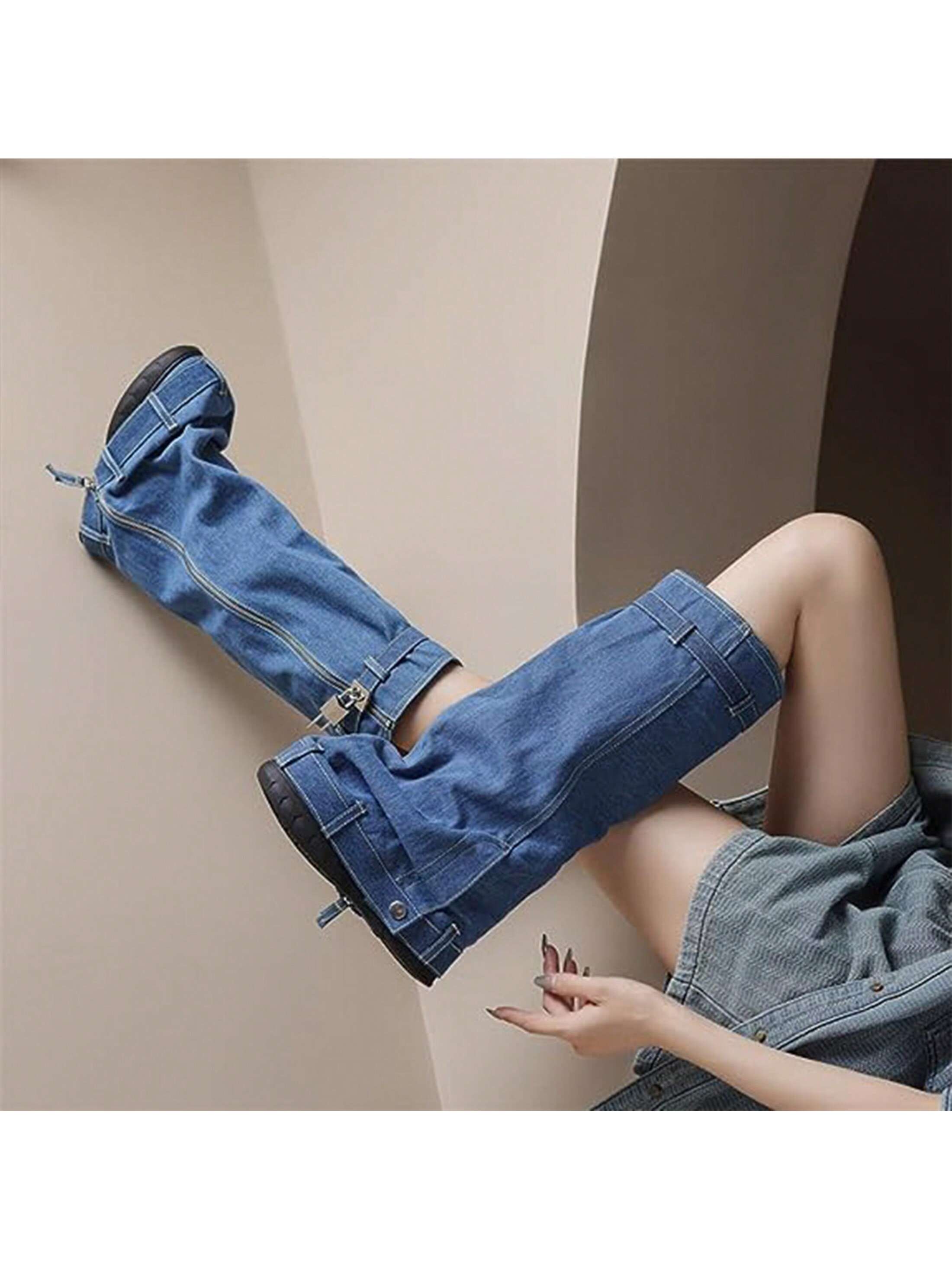 Women's Denim Boots With Padlock Zip Knee High Platform Boots Fold Over Calf Booties Fashion Zipper Covered Shoes