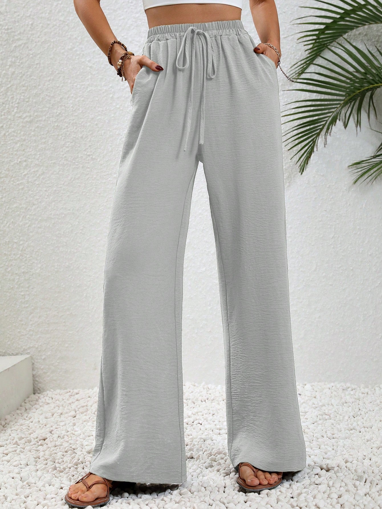 Women's Solid Color Waist-Tied Straight-Legged Wide Casual Pants With Pockets