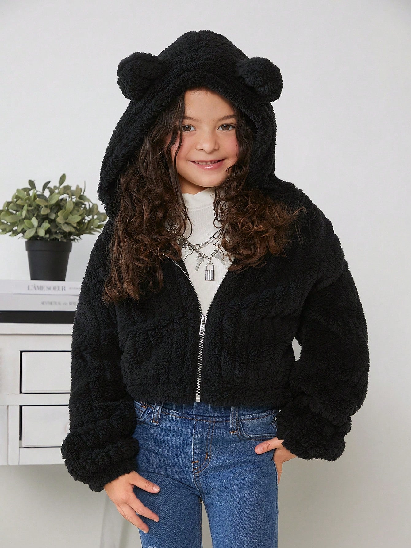 Tween Girl Drop Shoulder 3D Ear Design Hooded Teddy Jacket