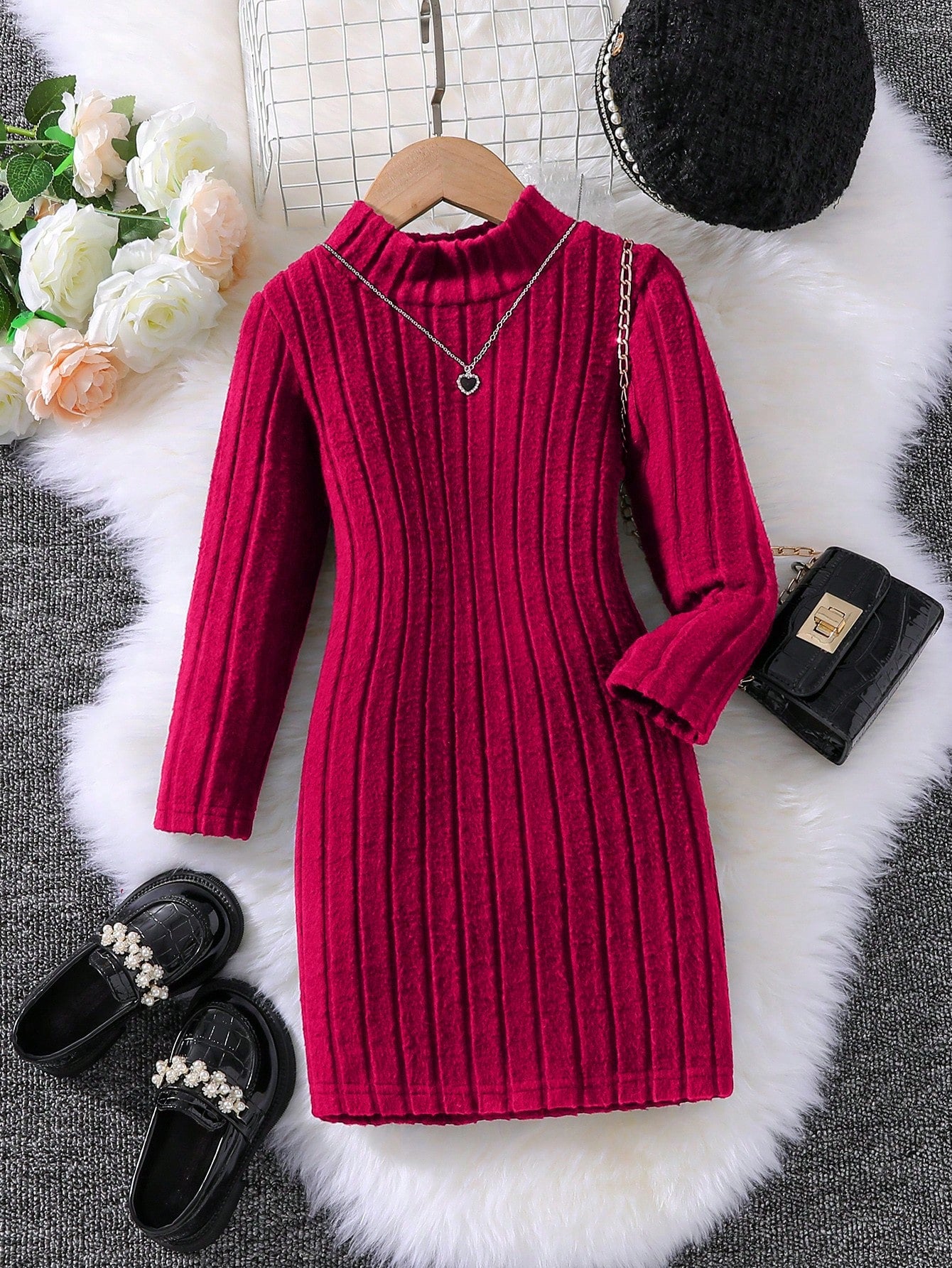 Young Girl Mock Neck Ribbed Knit Dress