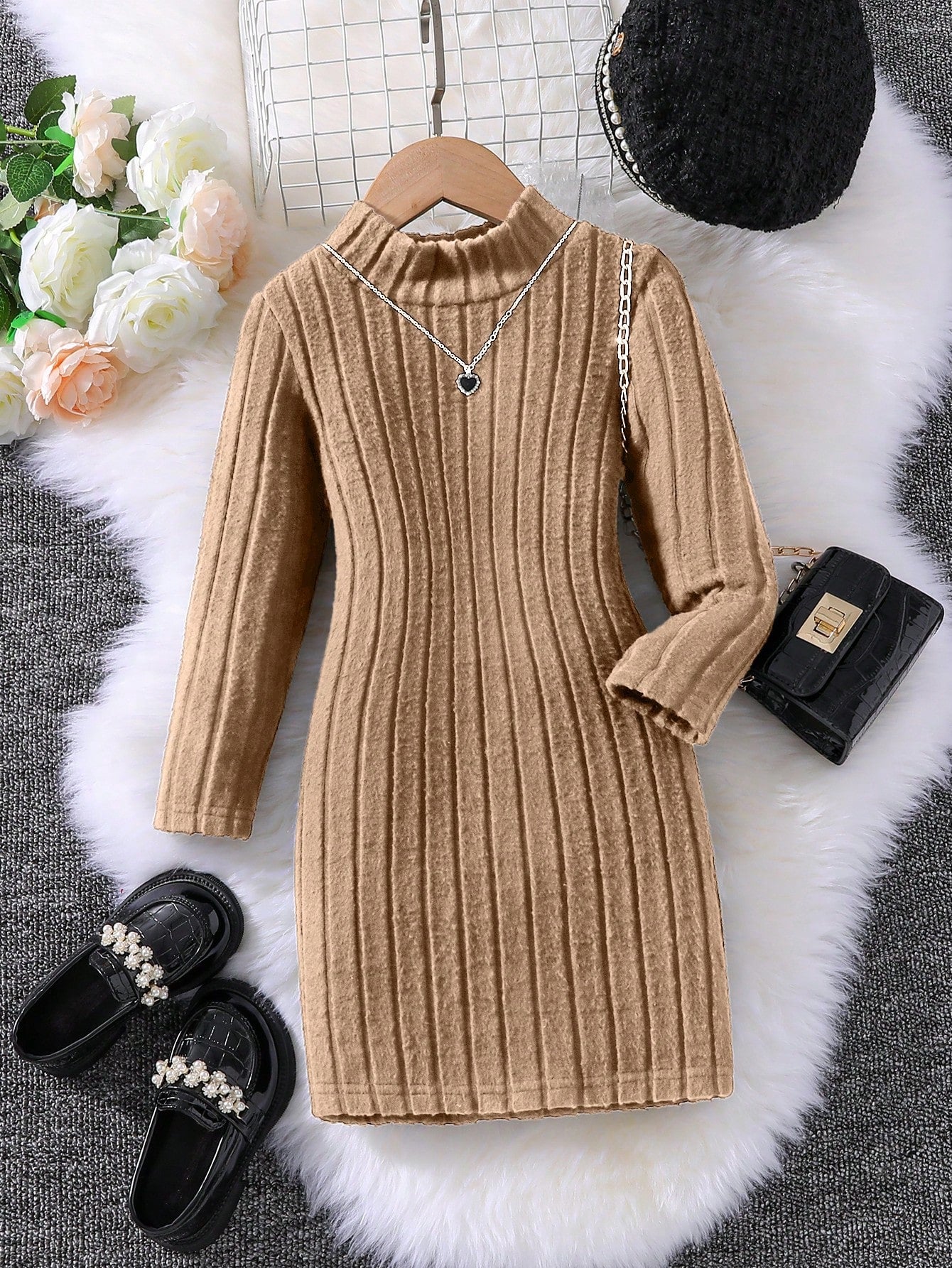 Young Girl Mock Neck Ribbed Knit Dress