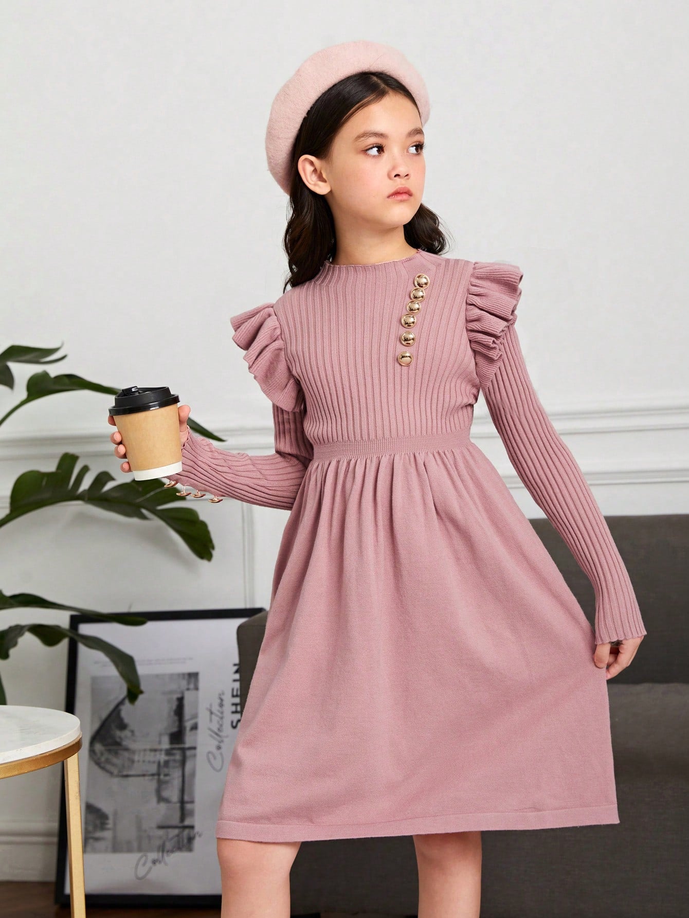 Tween Girl Ruffle Trim Button Detail Ribbed Knit Sweater Dress