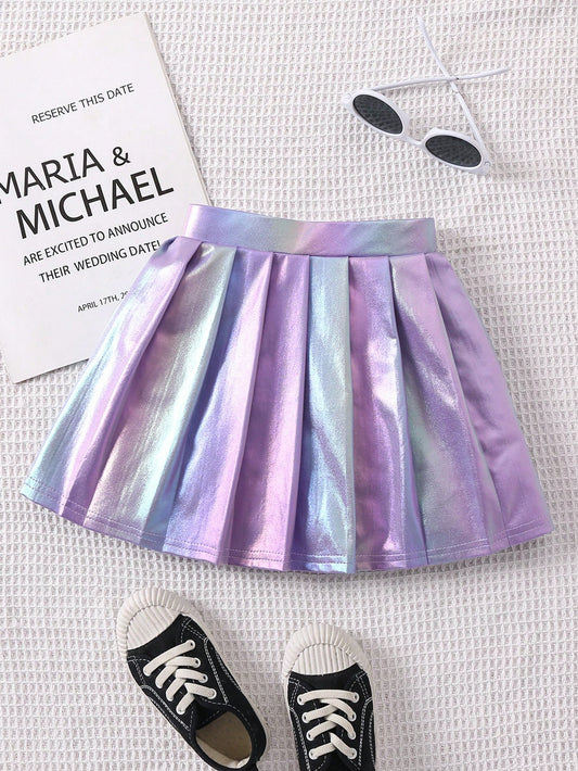 Young Girl Simple & Cool Pleated Skirt With Metallic Print Patterns, Suitable For Casual, Fashionable, Elegant, Holiday, Party, School, Travel In Spring, Summer, Autumn, Winter, Versatile Style