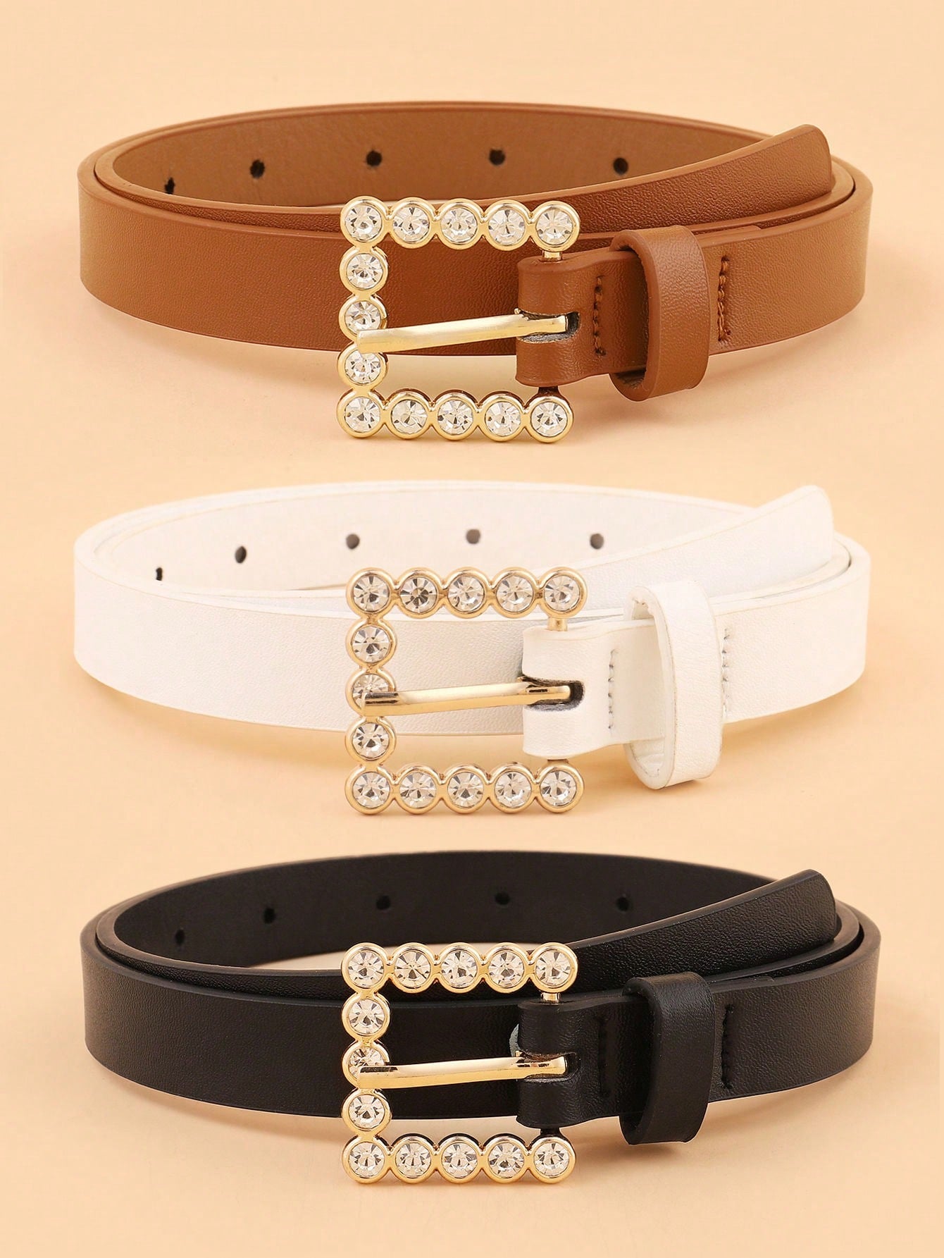 New Arrival Kids' 3pcs/Set Black, White And Camel Rhinestone Belts