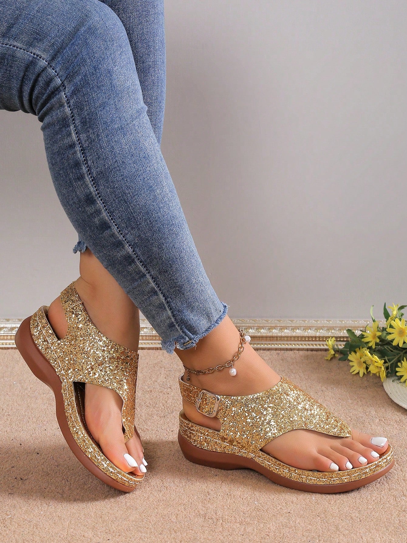 Summer Lightweight & Comfortable Embroidered Mules Women's Slip-On Sandals, Sewn Casual Comfortable Wedge Heel Thick-Soled Open Toe Shoes (Polyurethane Soles With Small Ventilation Holes)