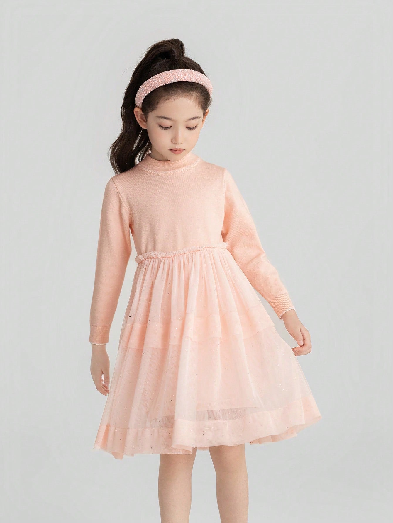 Tween Girl Winter Fashionable Trend Long-Sleeved Knitted Warm Sweater Elegant Mesh Splicing Dress Pink