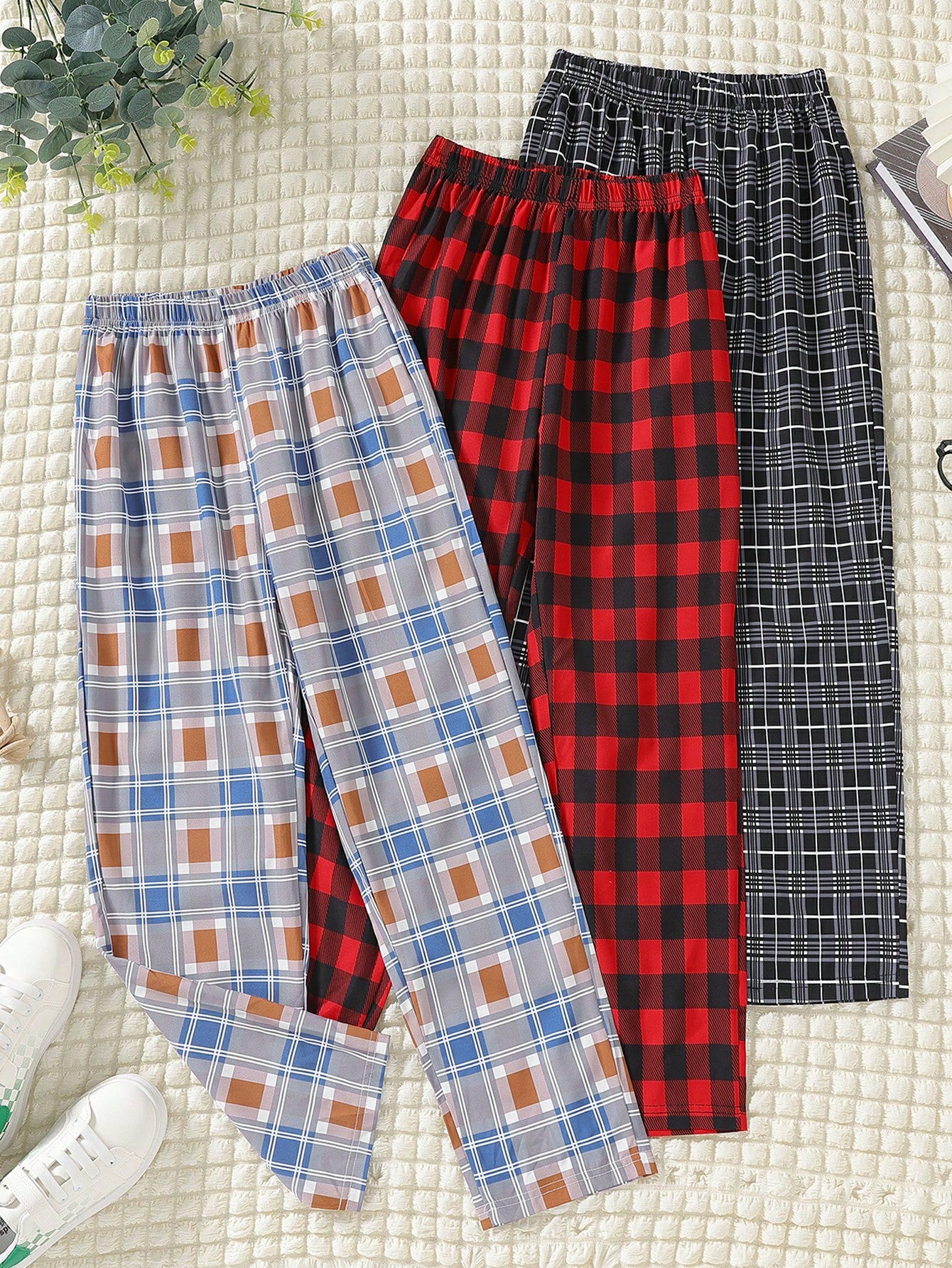 3pcs/Set Tween Boy Classic Check Printed Pants, Retro Plaid Pattern, High Waist Design, Soft Fabric