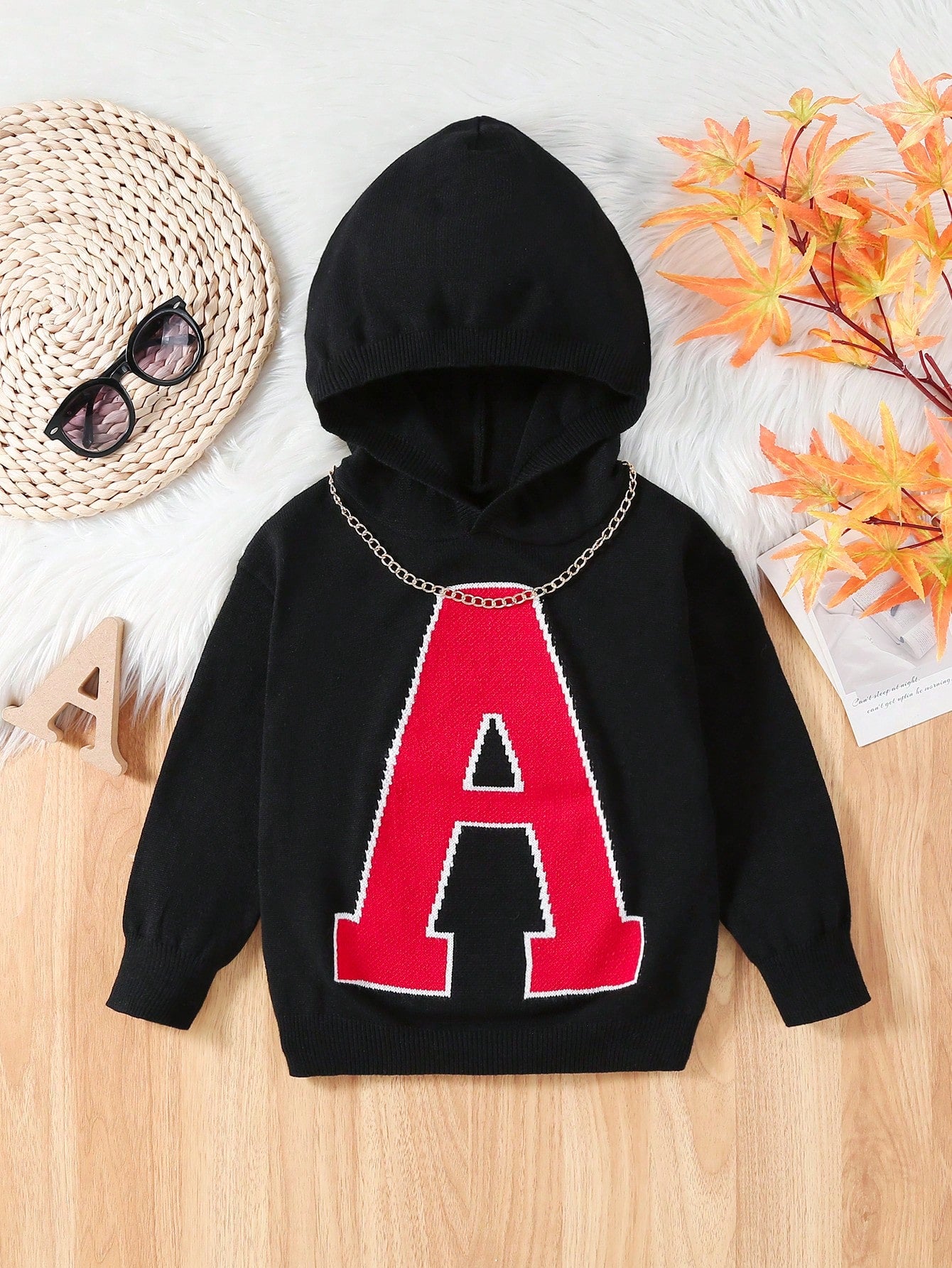 Young Boy Letter Pattern Hooded Sweater