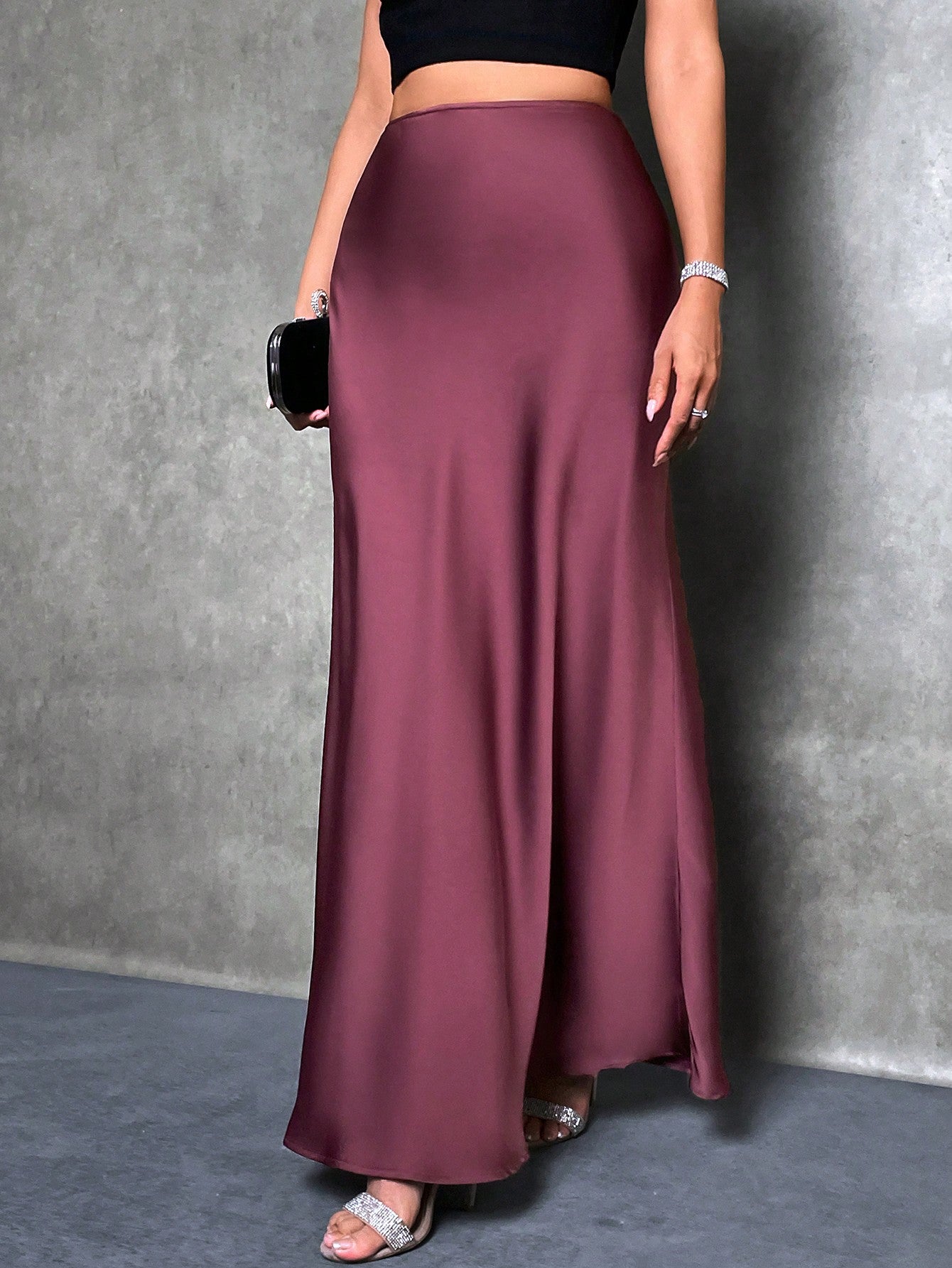 High Waist Solid Maxi Satin Skirt