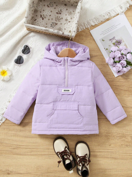 Young Girl Letter Patched Detail Kangaroo Pocket Hooded Puffer Coat