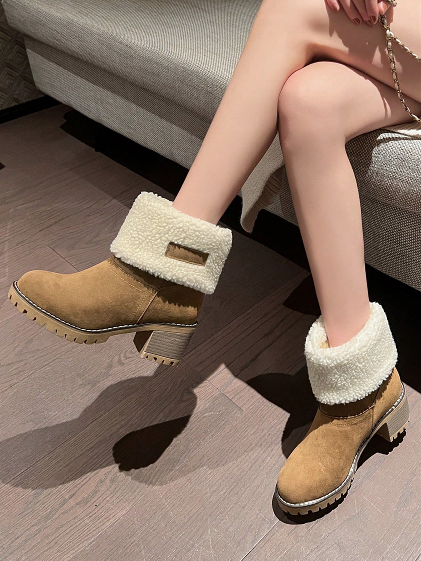 Women's Plain Camel Color Faux Suede Chunky Heel Snow Boots