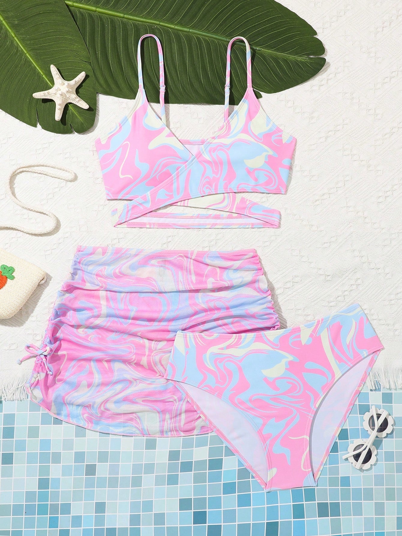 Teen Girl Three-Piece Marble Print Bikini Set Summer Beach