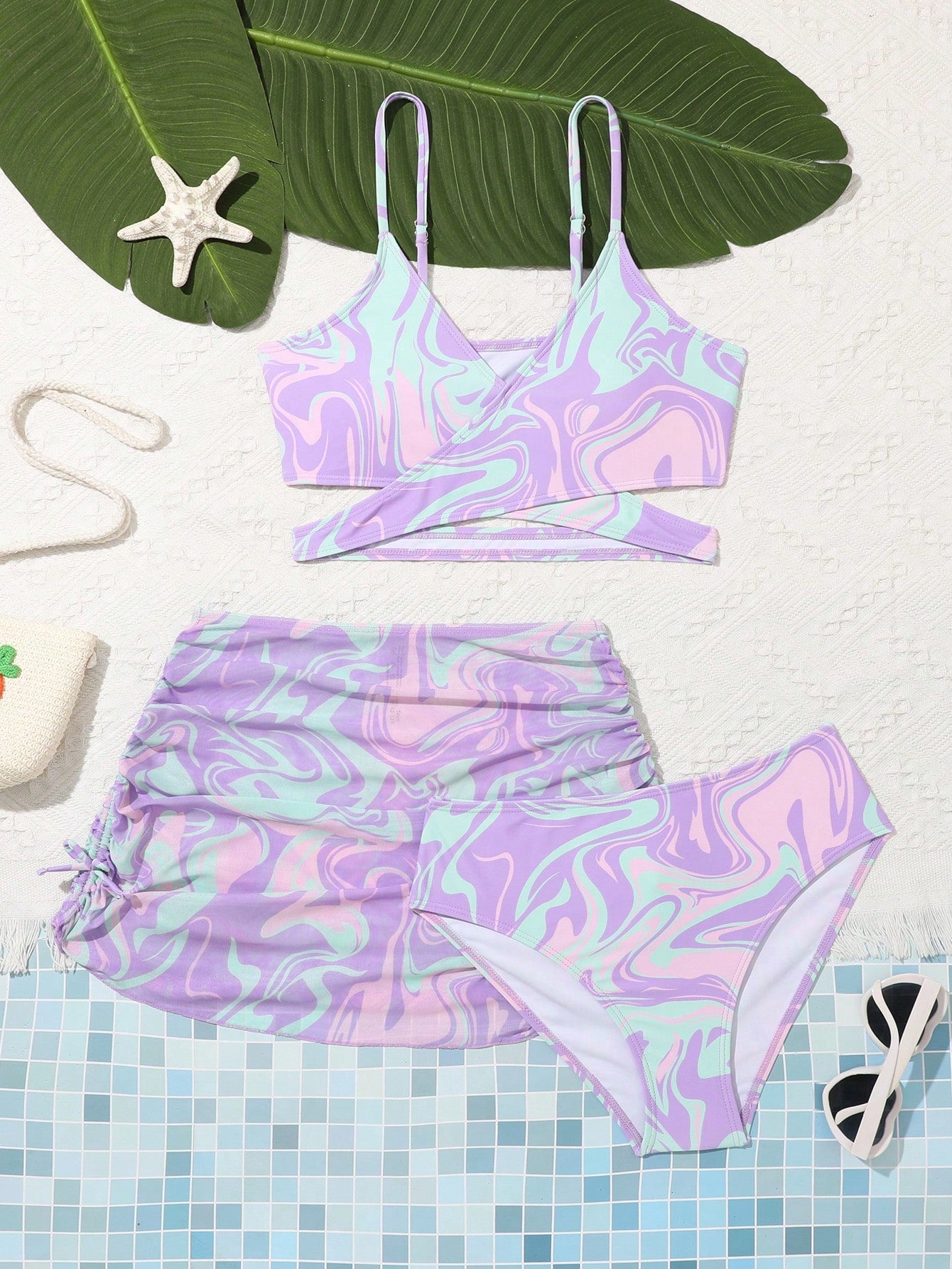 Teen Girl Three-Piece Marble Print Bikini Set Summer Beach