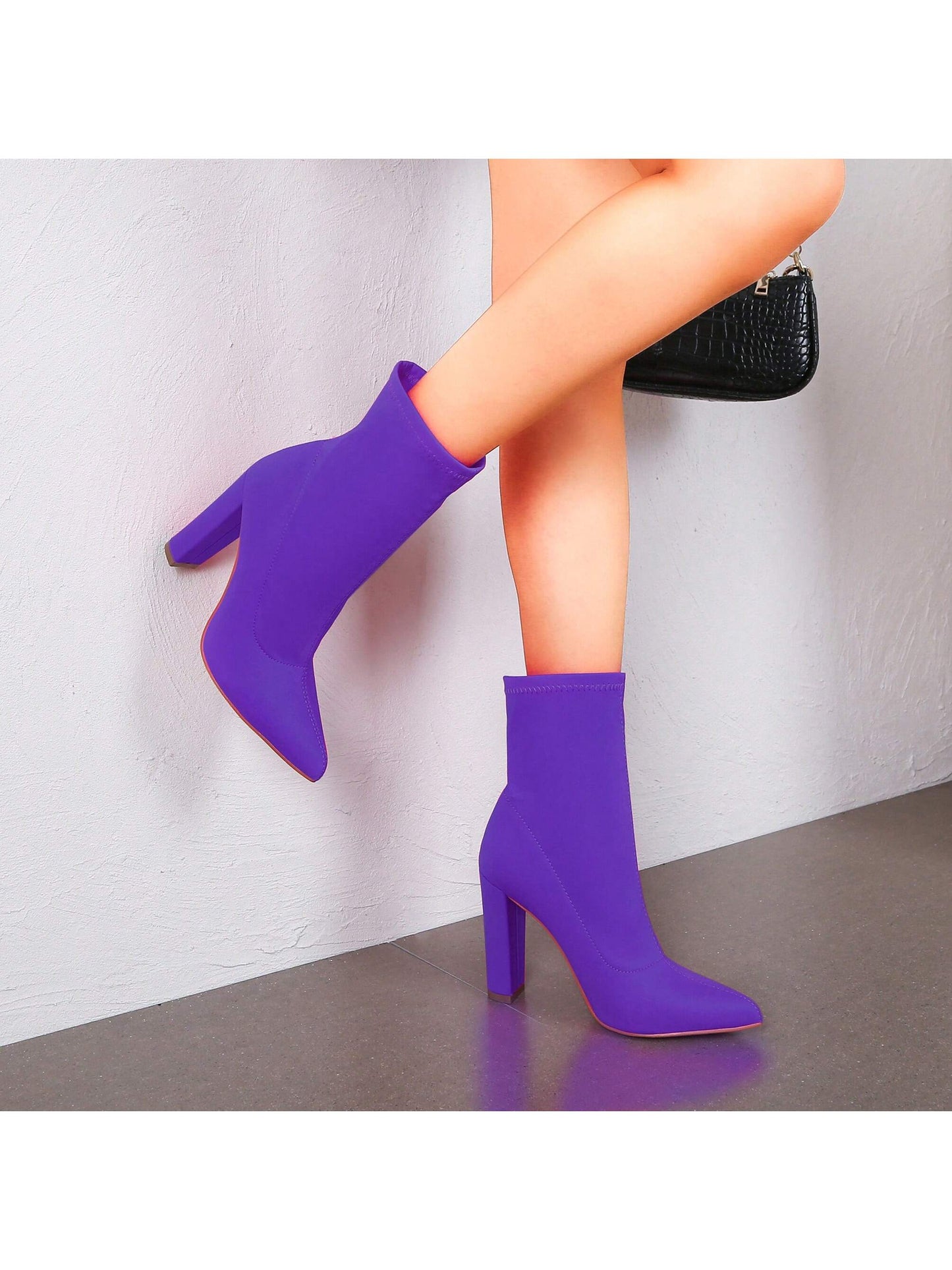 Women's Pointed Toe Ankle Boots Block Chunky Heel Ankle Boot High Heel Booties Stretch Lycra High Heeled Boots Fashion Short Boots