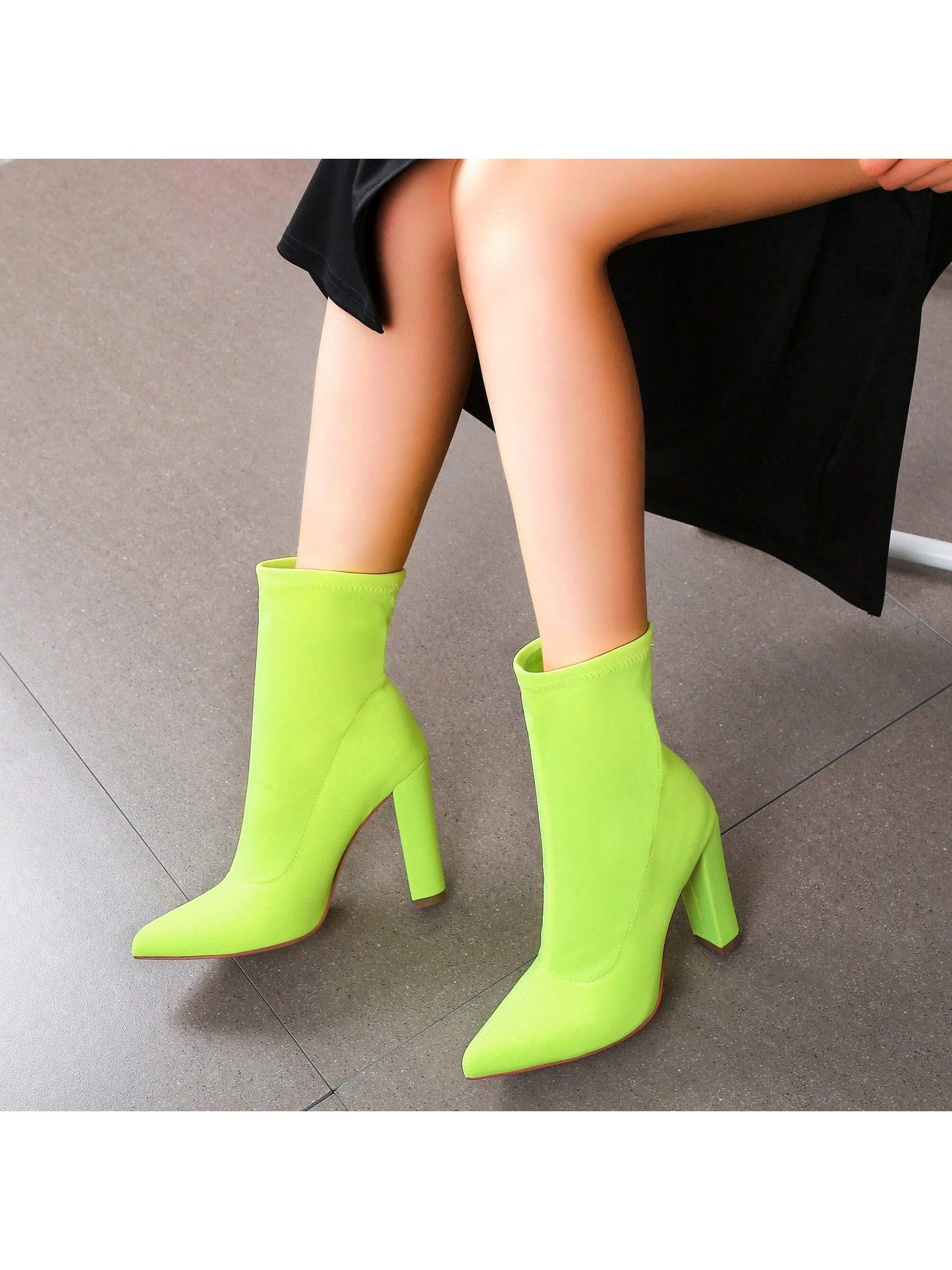 Women's Pointed Toe Ankle Boots Block Chunky Heel Ankle Boot High Heel Booties Stretch Lycra High Heeled Boots Fashion Short Boots