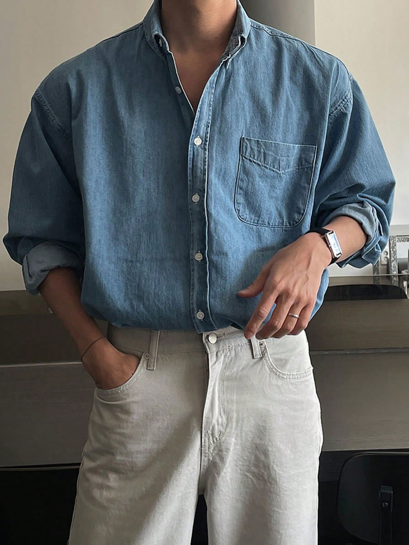 Men Patched Pocket Denim Shirt