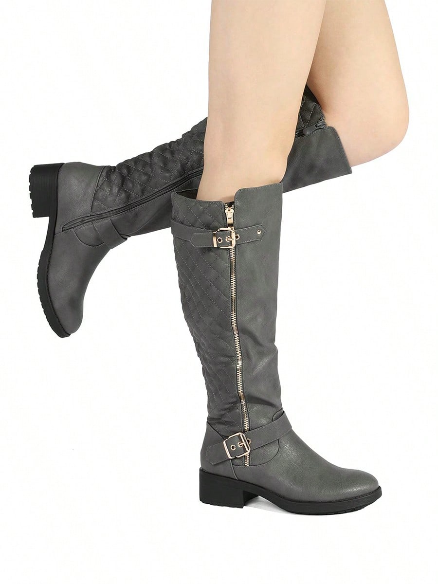 Women's Black Low Stacked Heel Knee High Riding Boots