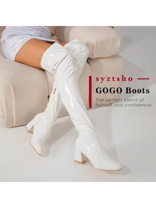 Thigh High Boots For Women Stretch White Patent Leather PU Square Toe Chunky Heel Over The Knee Boot Sexy Side Zipper GOGO Boot