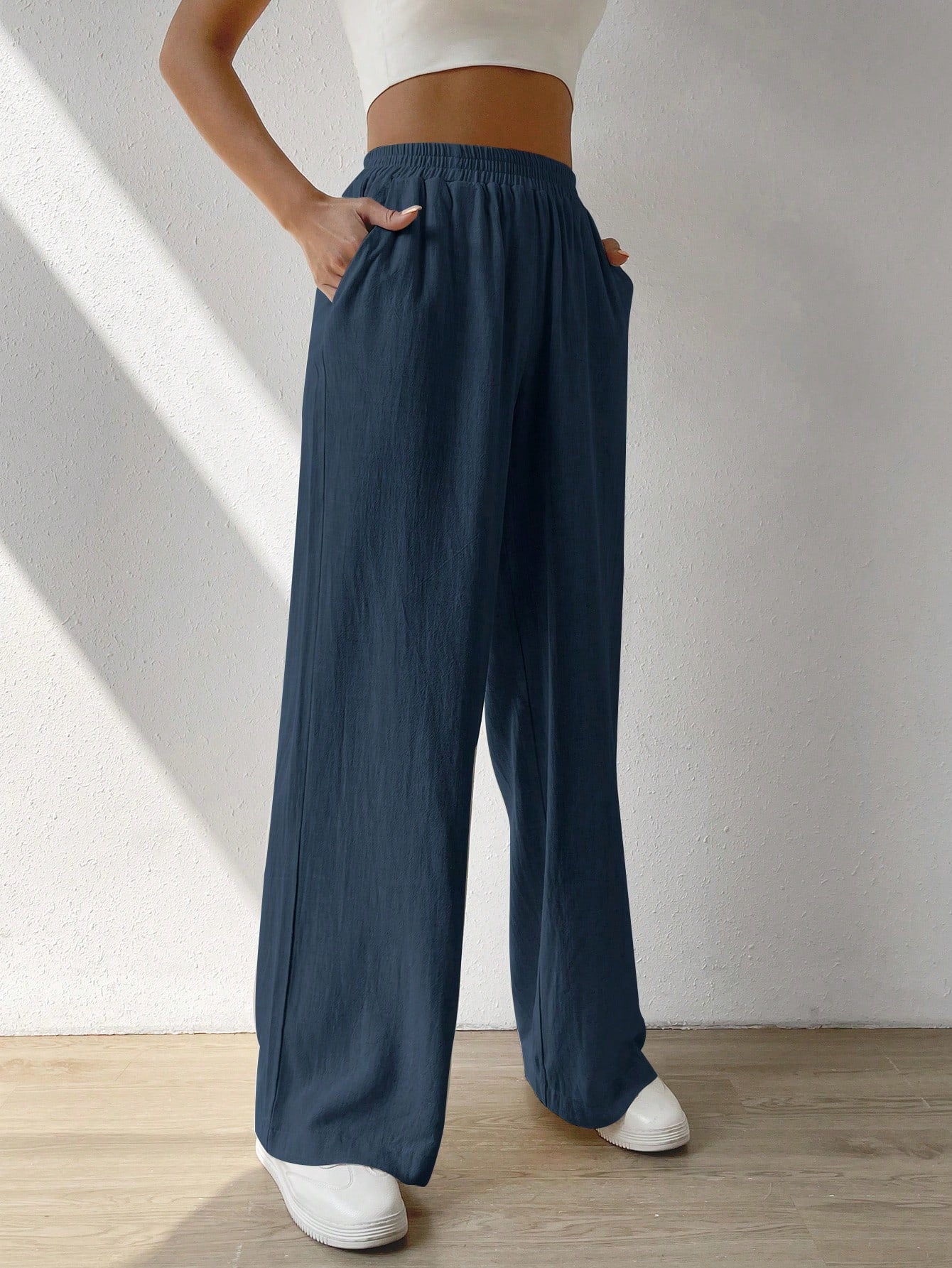 Casual Solid Slant Pocket Linen Wide Leg Pants, Summer Vocation