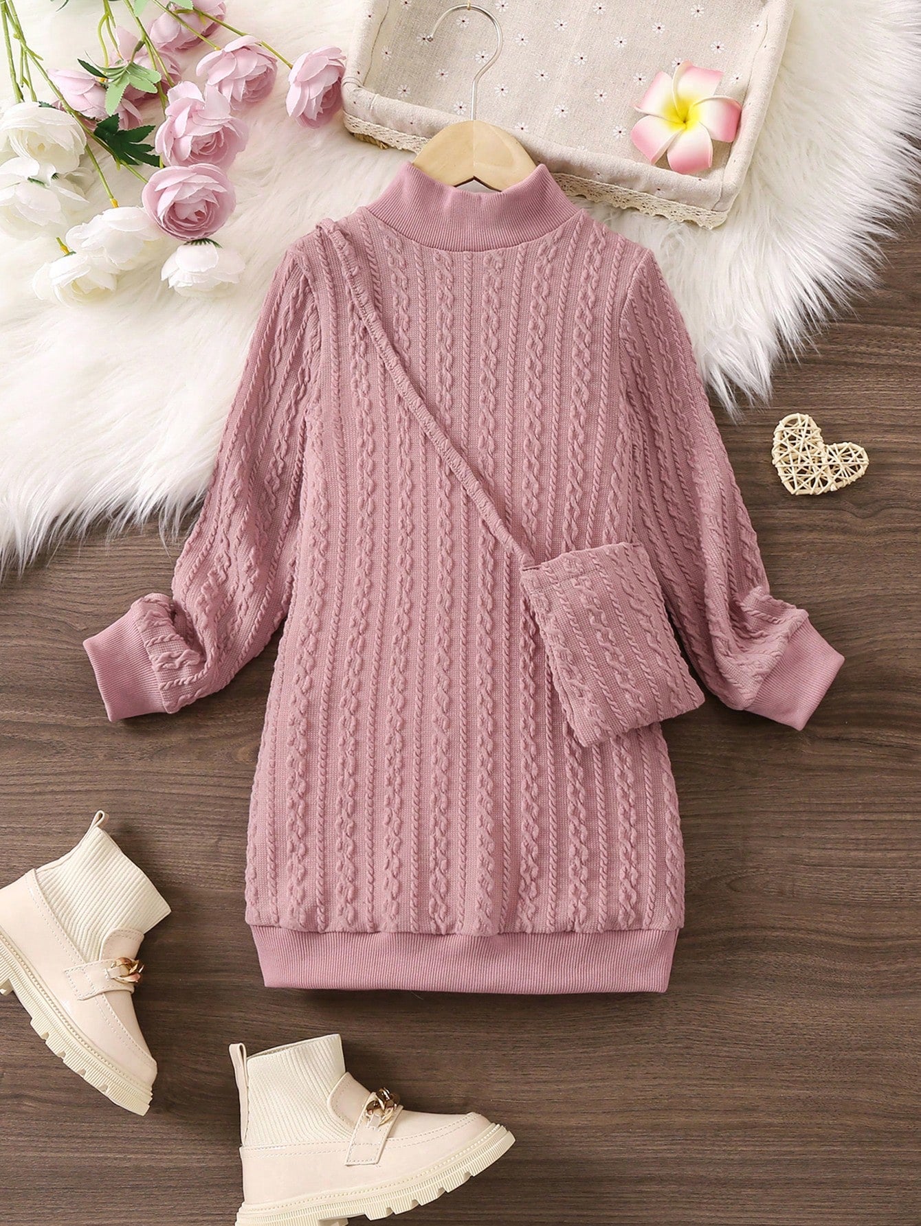 Young Girl Solid Mock Neck Sweatshirt Dress & Bag