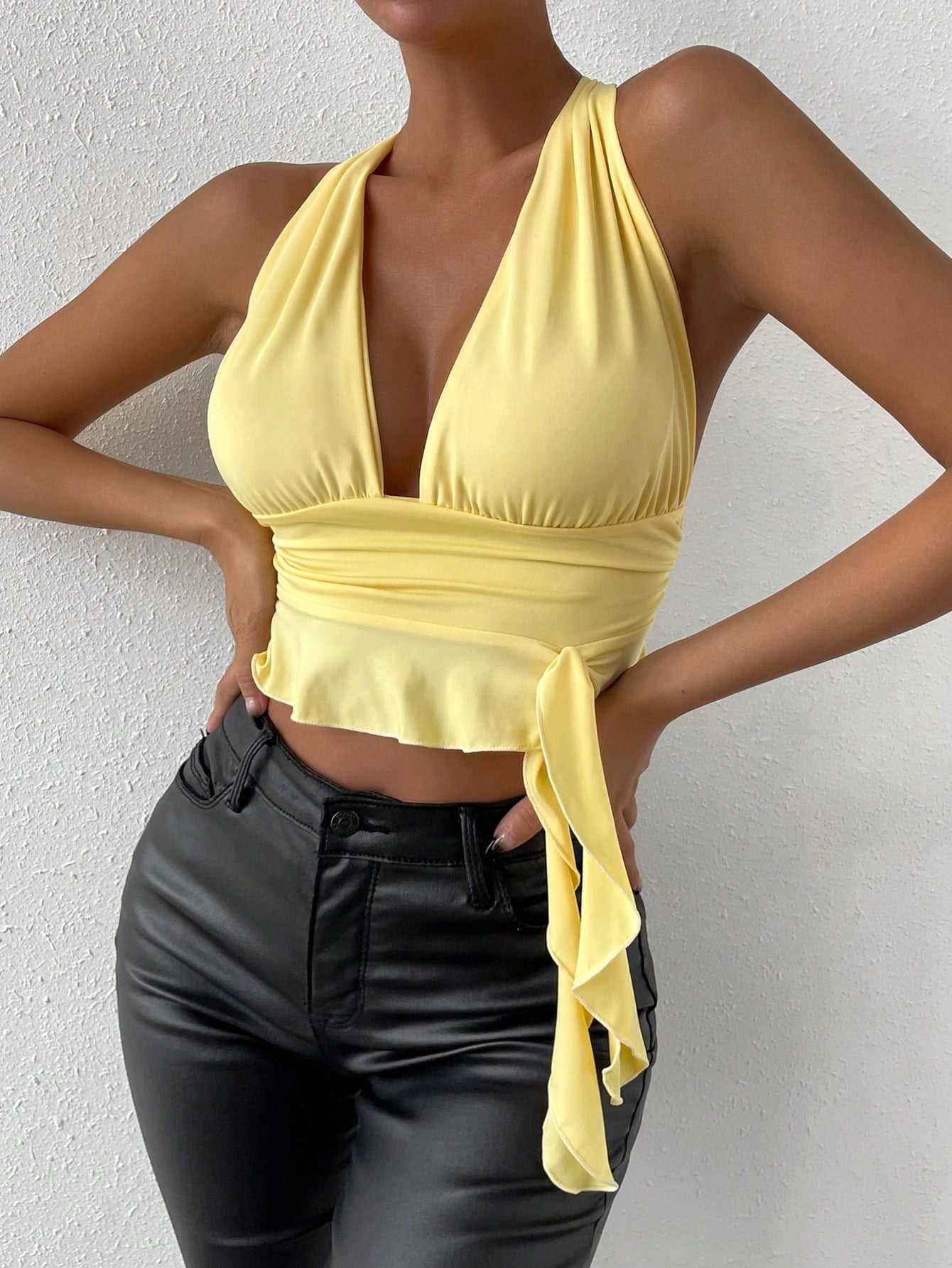 Glamour Plunging Neck Ruffle Trim Crisscross Backless Knot Side Crop Tank Top