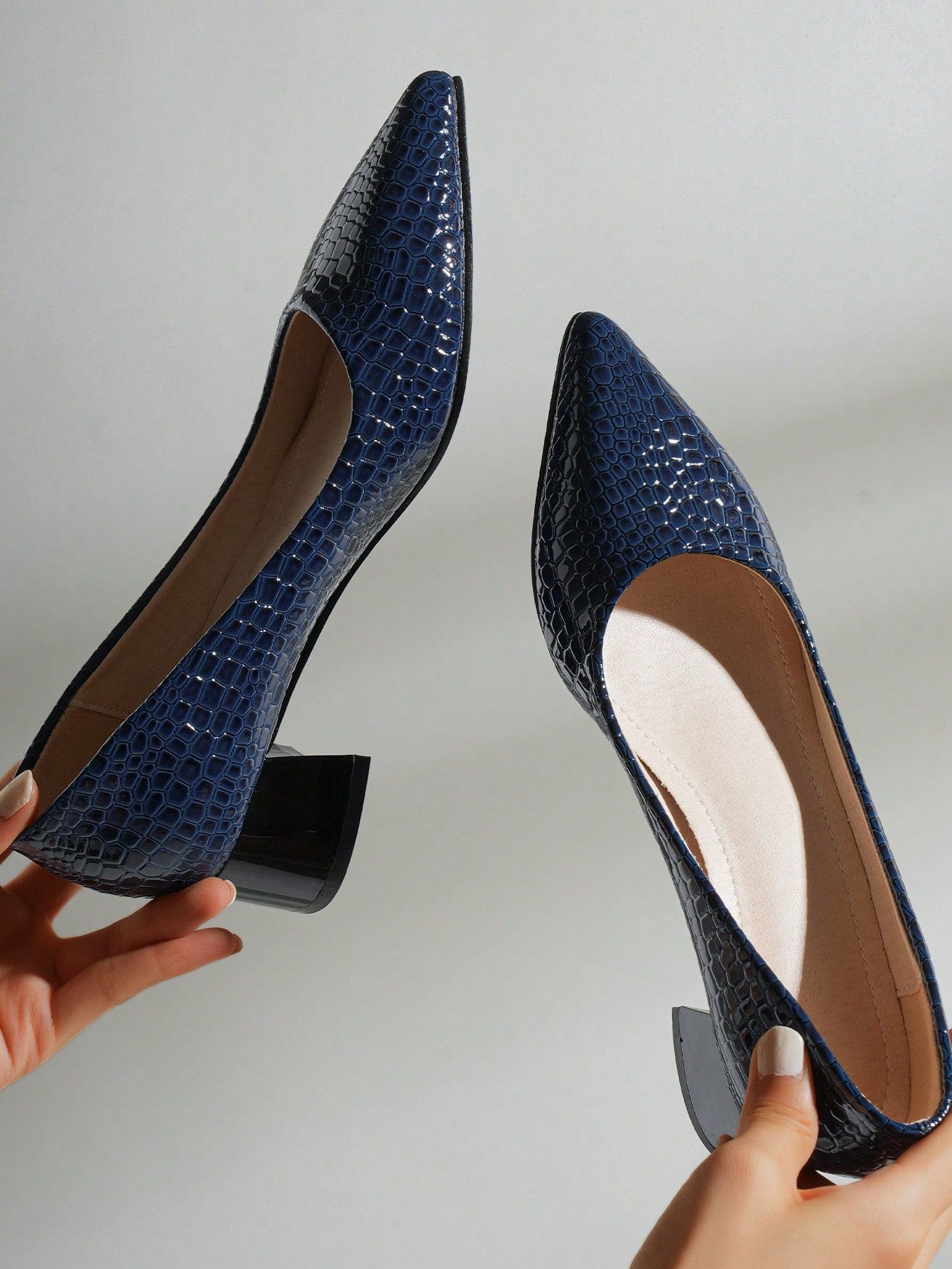 Women's Pointed Stone-Patterned 4cm High Heels, Thick Green Heel Pumps, Autumn Blue Shallow Mouth Casual Shoes