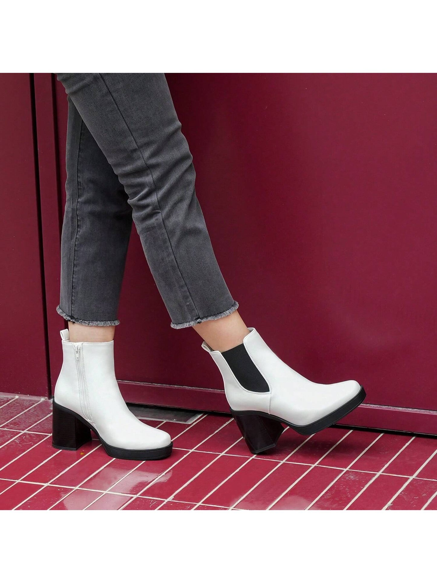 Women's Spring Platform Side Zipper Chelsea Boots Wedding Party Prom Chunky High Heel Square Toe Ankle Booties