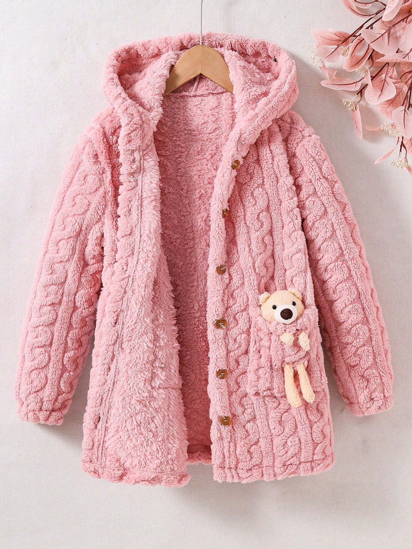 Tween Girl Autumn And Winter Leisure 3D Bear Decorated Plush Hooded Jacket