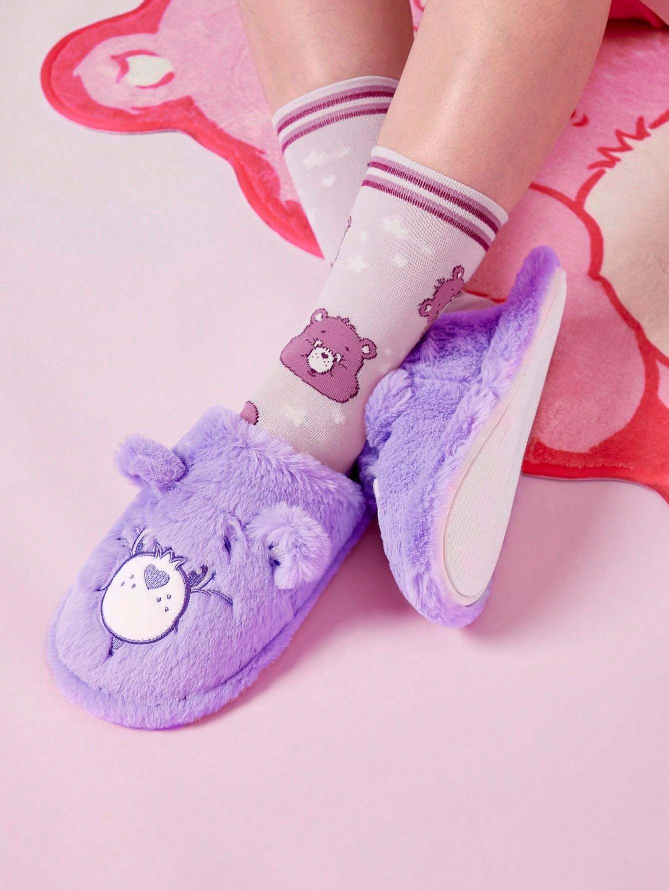 Women's Fashionable & Lovely Purple Plush Warm & Fun Indoor Slippers With Heart Shaped Bear Design Back To School Shoes College Student Shoes