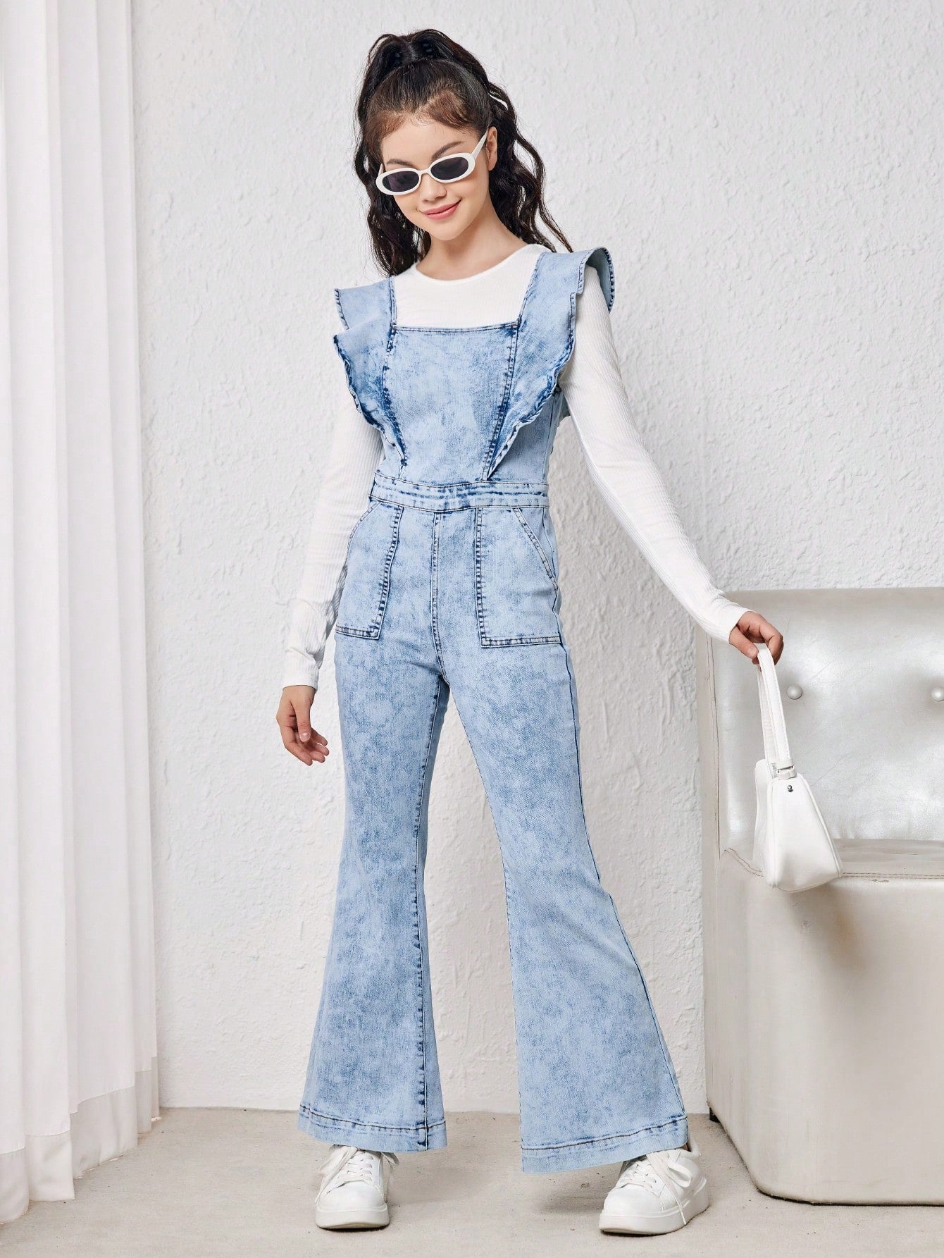 Tween Girl 1pc Ruffle Trim Flare Leg Denim Overalls