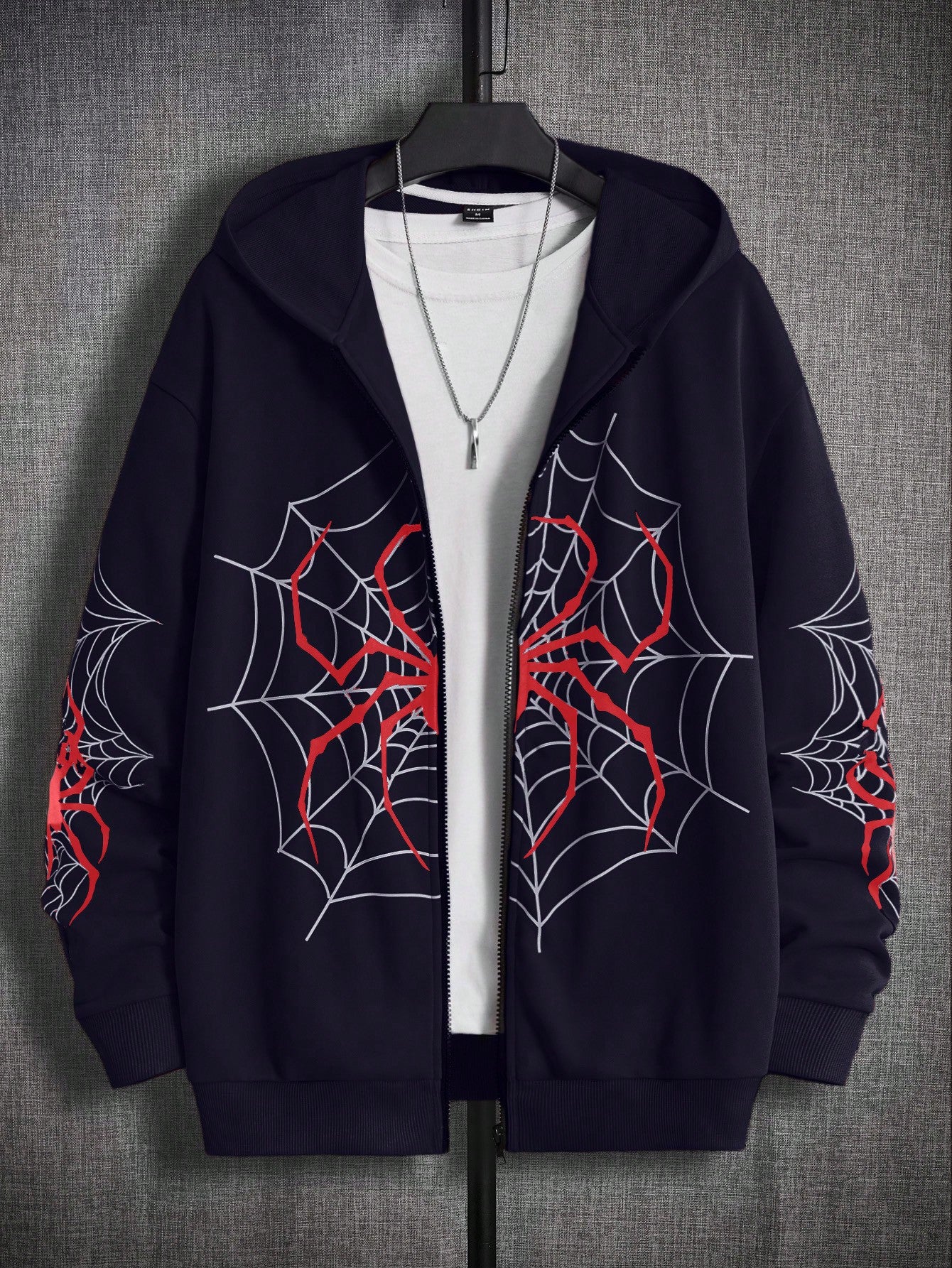 Loose-Fit Men's Spider Web Print Zip-Up Hoodie Without T-Shirt