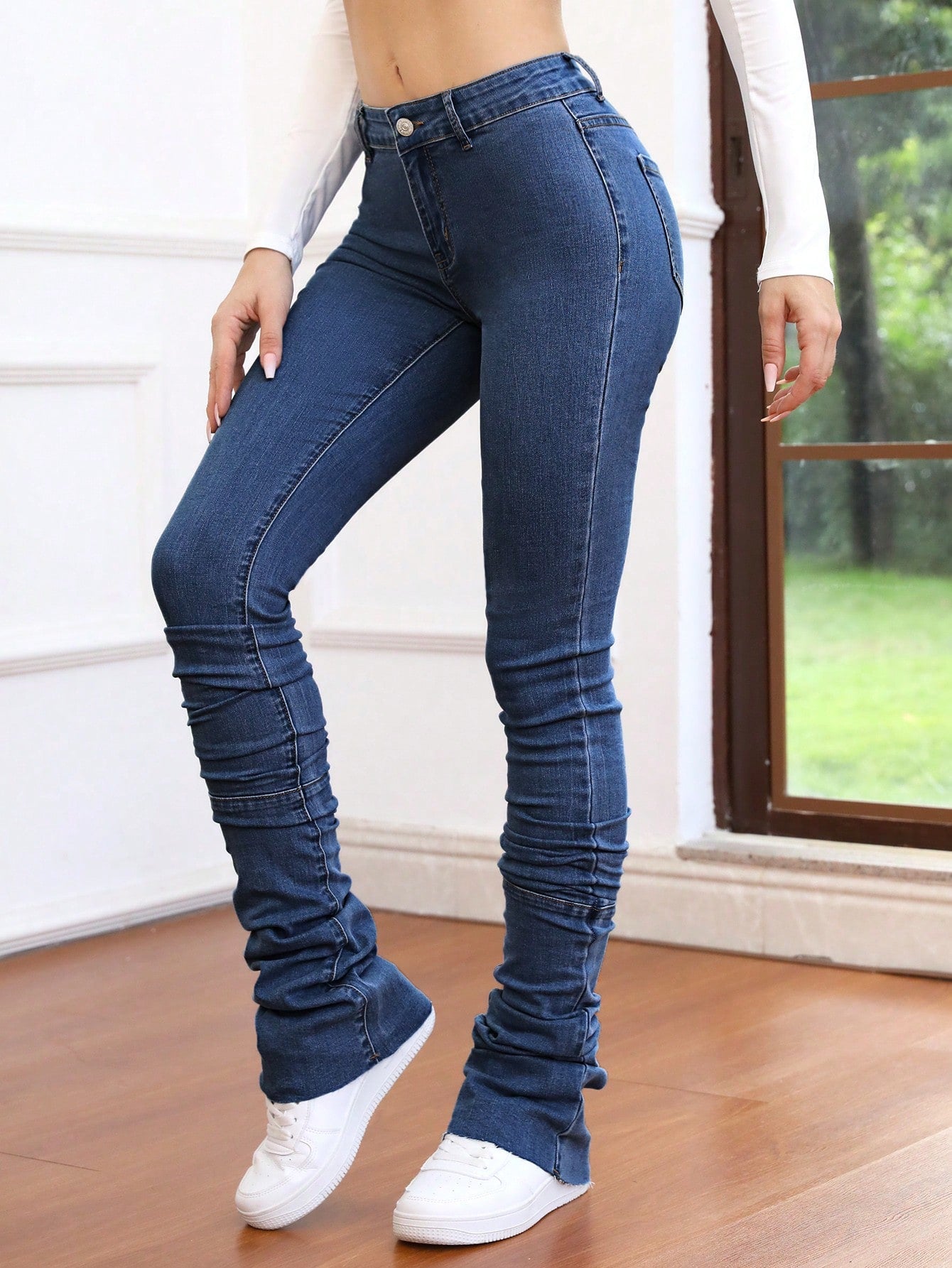 Frenchy Solid Ruched Stacked Skinny Bodycon Jeans