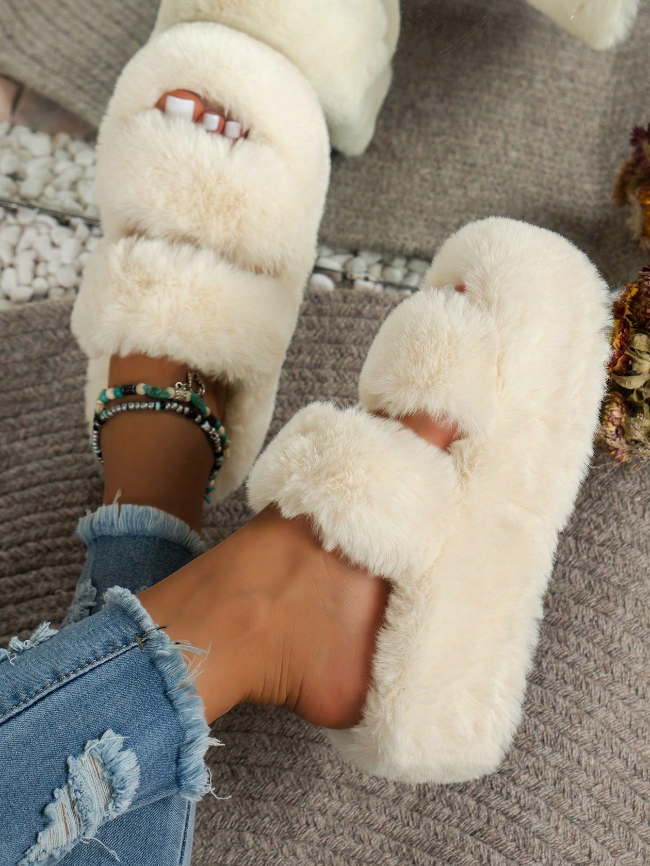 Women's Thick Sole Height Increasing Indoor/outdoor Slippers With Fur Trim, Milk Tea Color And Double Strap Open Toe Design