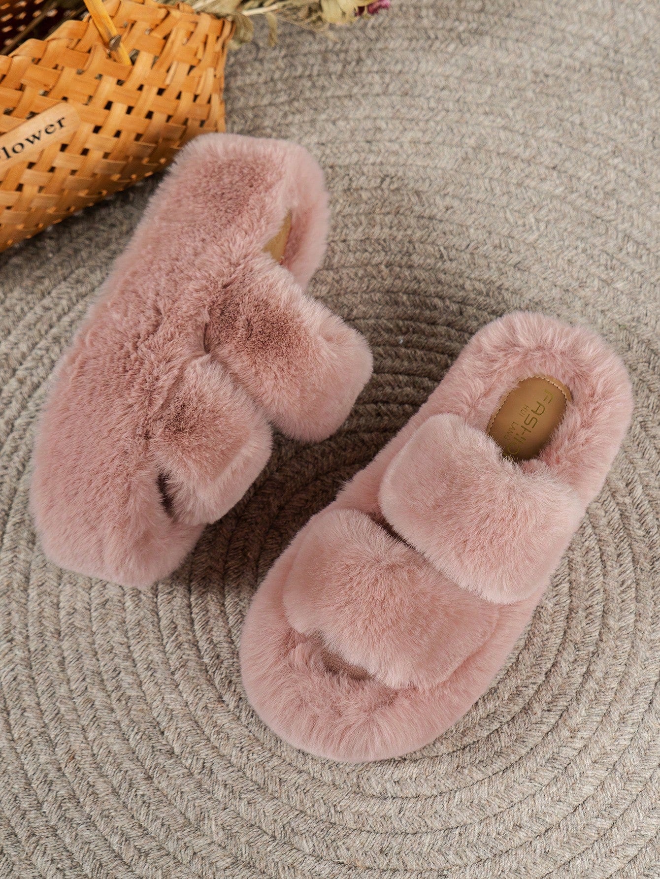 Women's Thick Sole Height Increasing Indoor/outdoor Slippers With Fur Trim, Milk Tea Color And Double Strap Open Toe Design