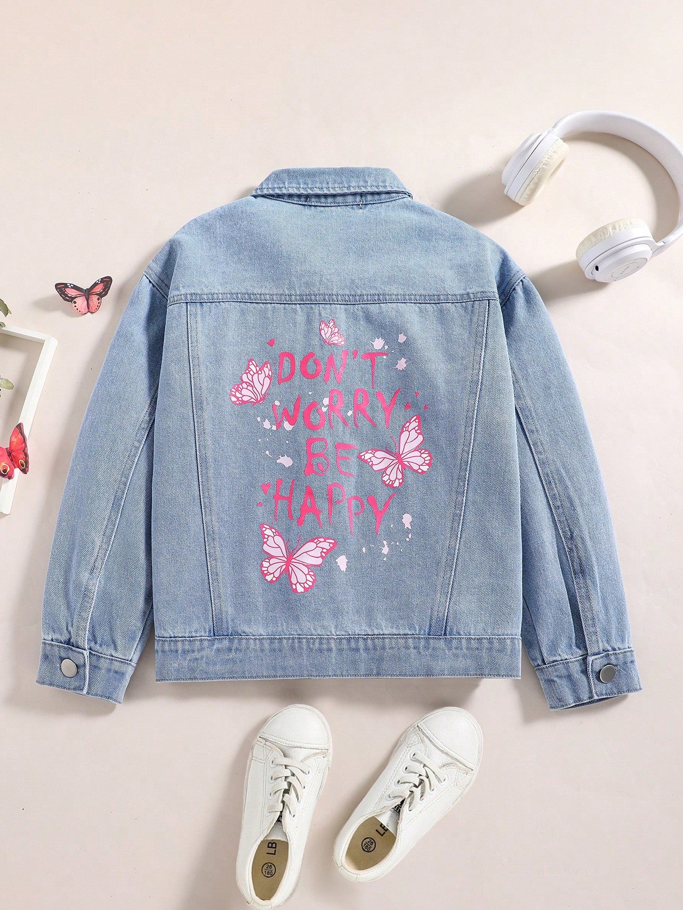 Streecool Kids Girls' Loose Regular Fit Pink Butterfly & Letter Printed Denim Jacket