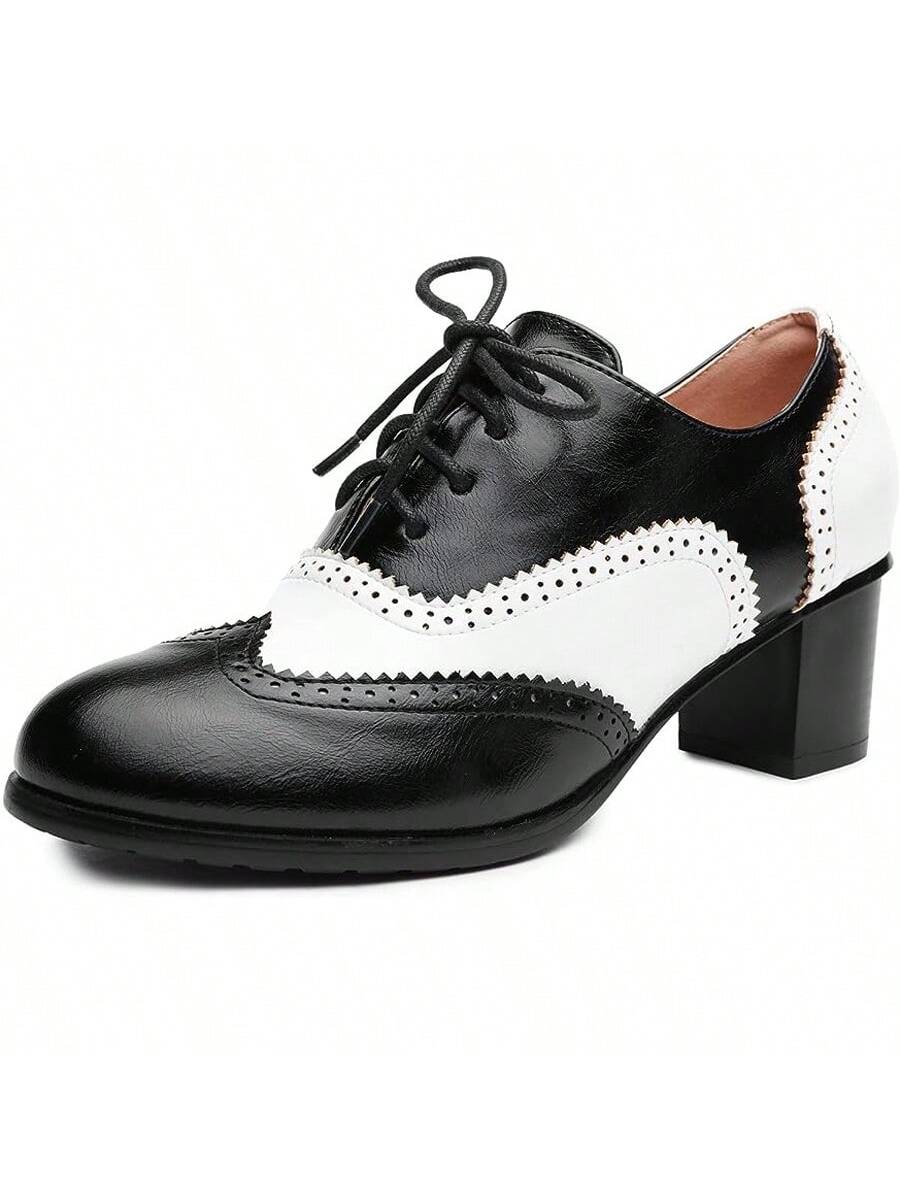 Black PU Leather Wingtip Lace Up Mid Heel Elegant Oxfords Pumps Shoes For Women