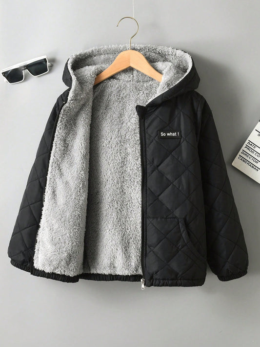 Tween Boy Letter Patched Detail Teddy Lined Hooded Quilted Coat