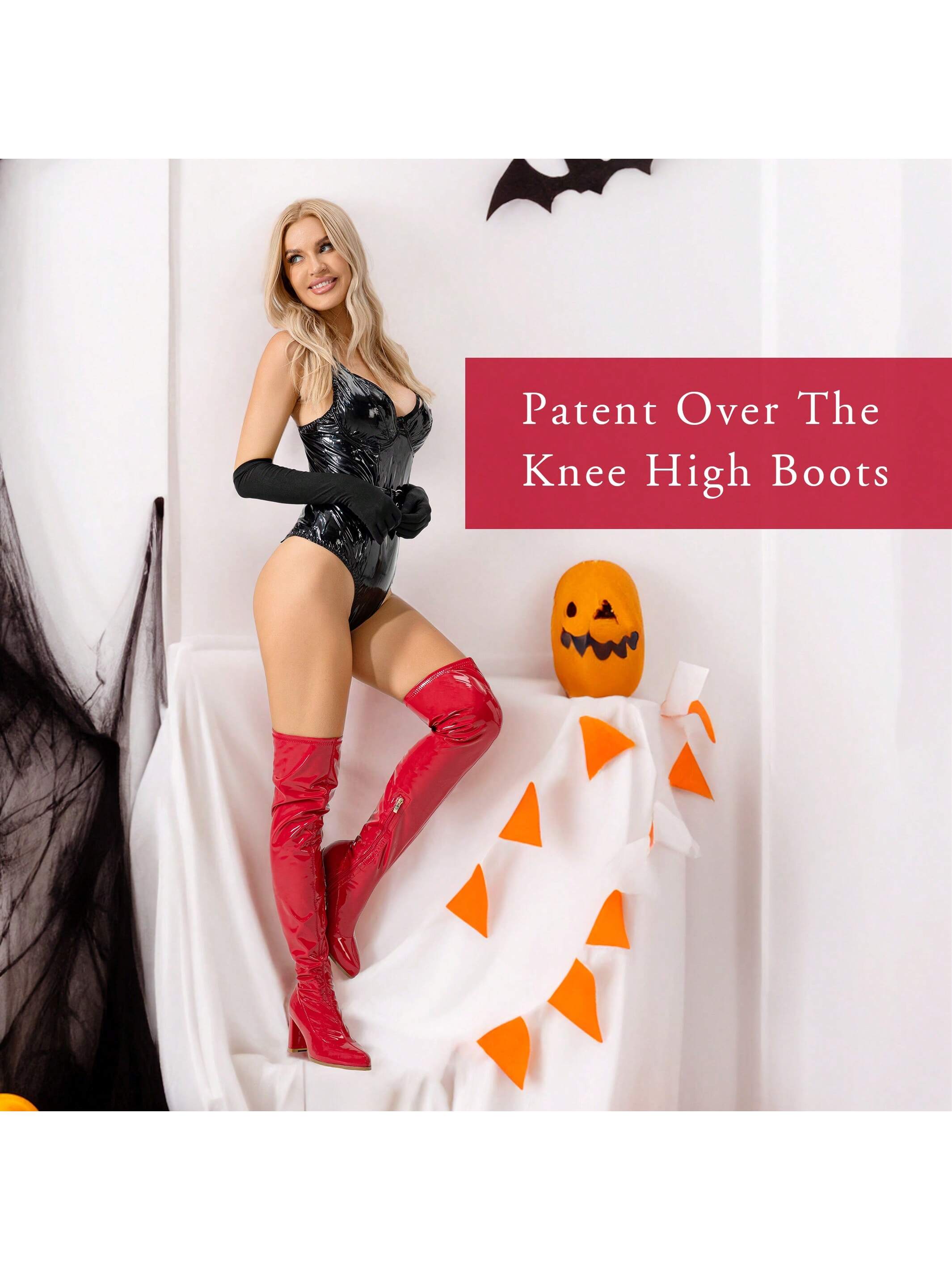 Fashionable Sexy Pointed Toe Chunky Heels Thigh High Boots For Women Cosplay Dance Party Patent Leather PU Mid Heels GOGO Knee High Boots