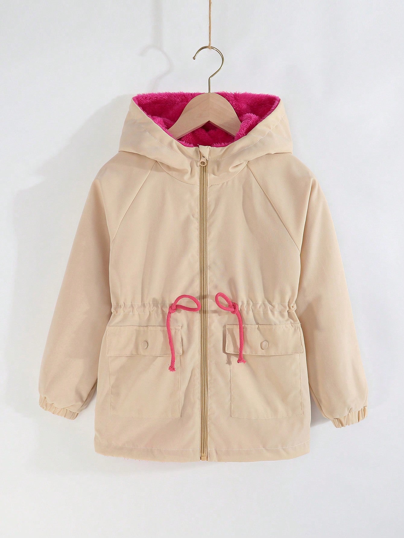 Young Girl Raglan Sleeve Drawstring Waist Dual Pocket Hooded Coat