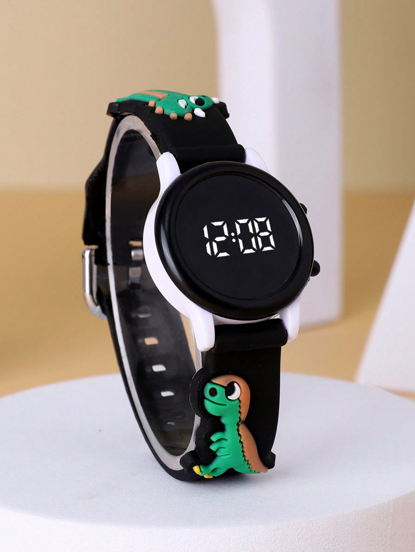 1pc Dry Battery Powered Round Led Dinosaur Pattern Watch, Cute Digital Watch Fit For Daily Life